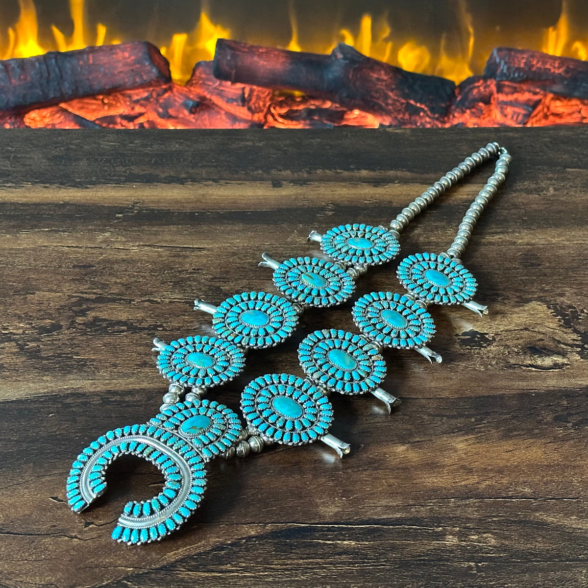 Navajo Larry Moses Begay Turquoise 473 Stone Sterling Petite Point Cluster Squash Blossom Necklace
