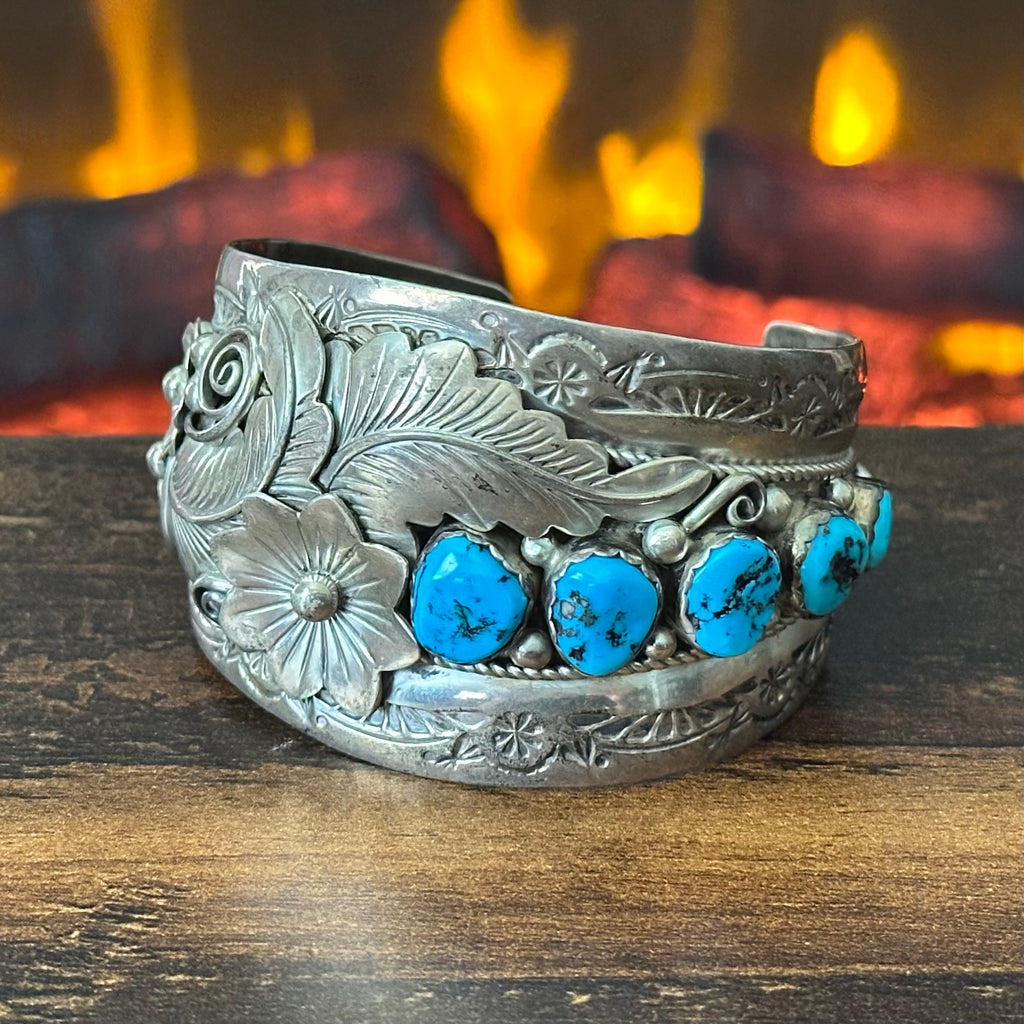 Navajo Ma’ Atsidii Vintage Turquoise 5 Stone Sterling Ornate Floral Statement Cuff