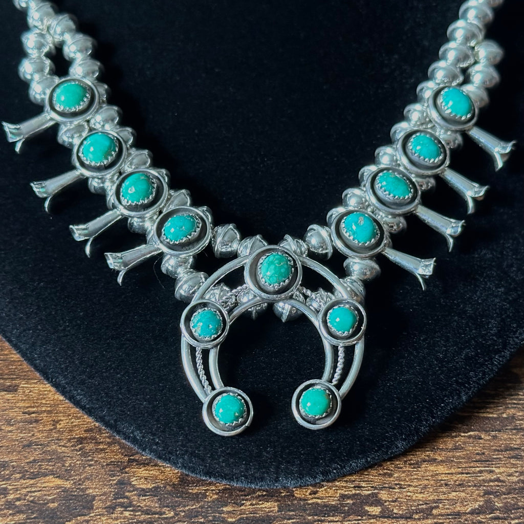 Navajo Phil & Lenora Garcia Sonoran Gold Turquoise 13 Stone Sterling Squash Blossom Necklace Earrings Set