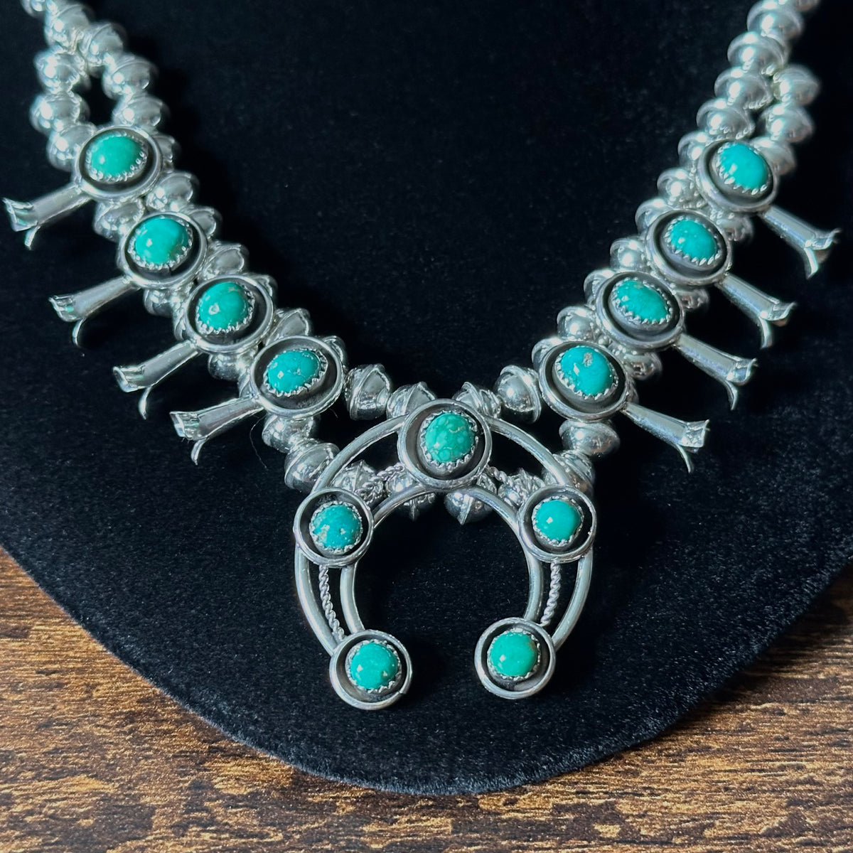 Navajo Phil & Lenora Garcia Sonoran Gold Turquoise 13 Stone Sterling Squash Blossom Necklace Earrings Set