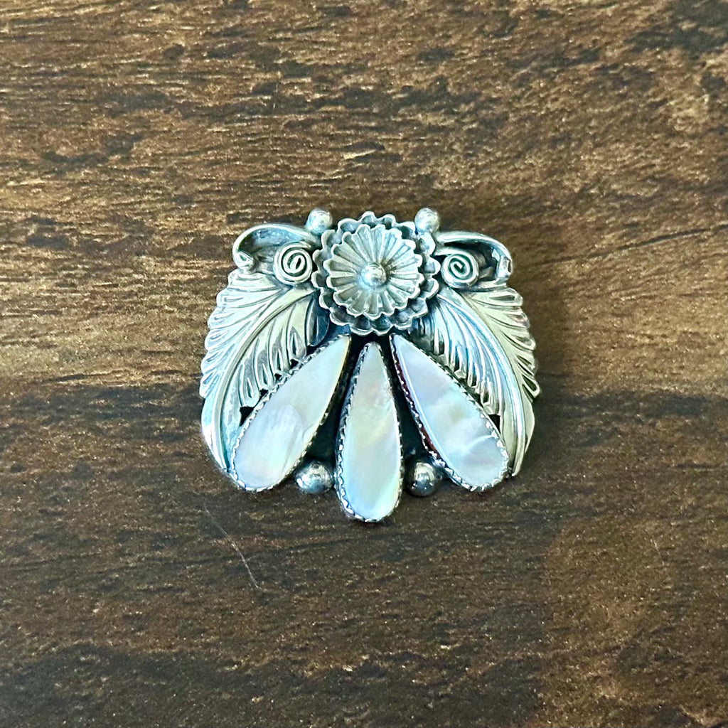 KB Signed Pink Mother of Pearl Sterling Floral Leaf Pendant
