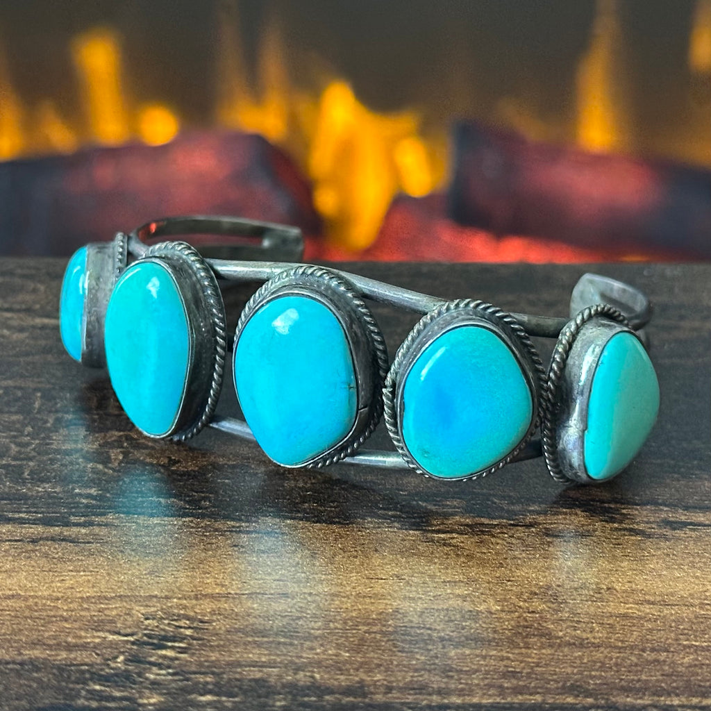Vintage Turquoise 5 Stone Sterling Twist Wire Bezel Cuff