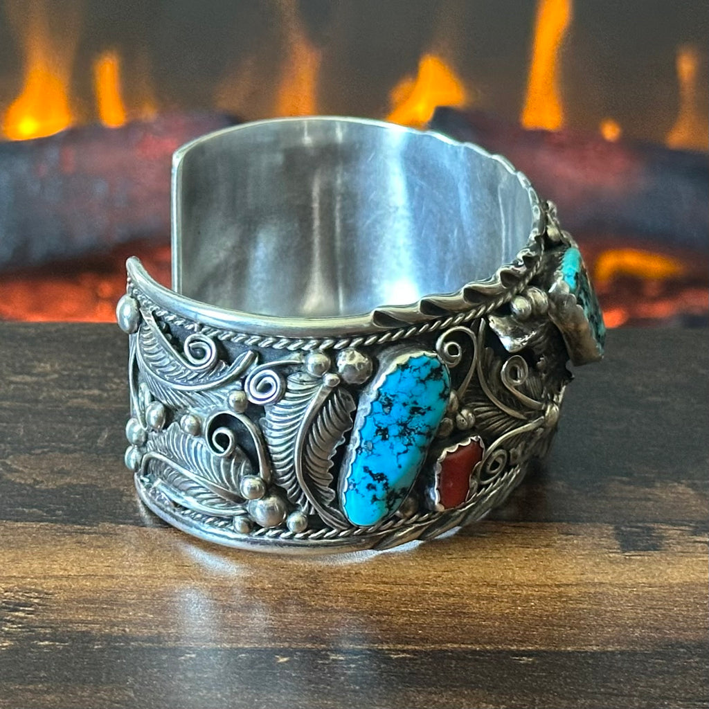 Turquoise Red Coral 5 Stone Sterling Ornate Eagle Statement Cuff