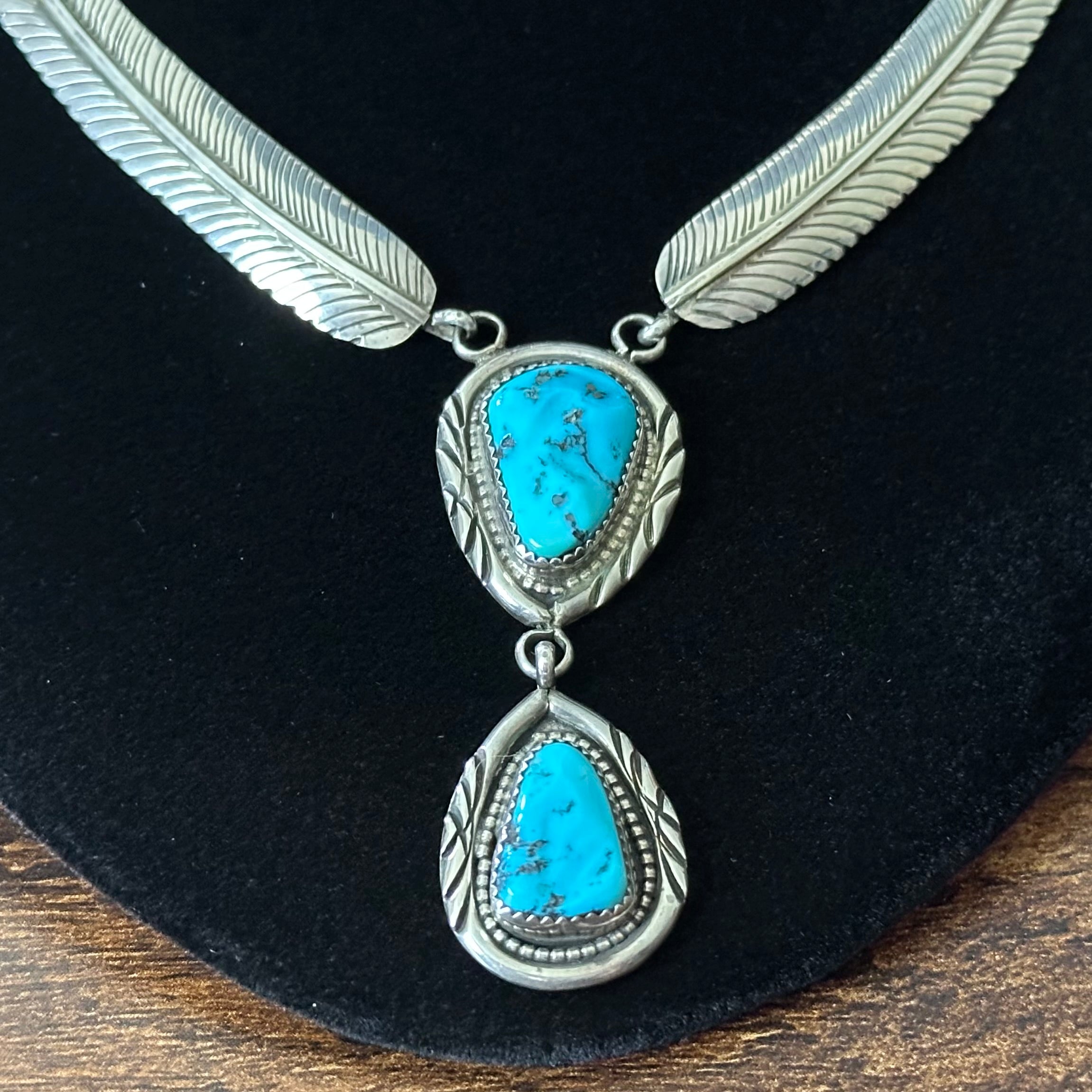 Turquoise Sterling Twist Wire Bezel Feather Statement Necklace