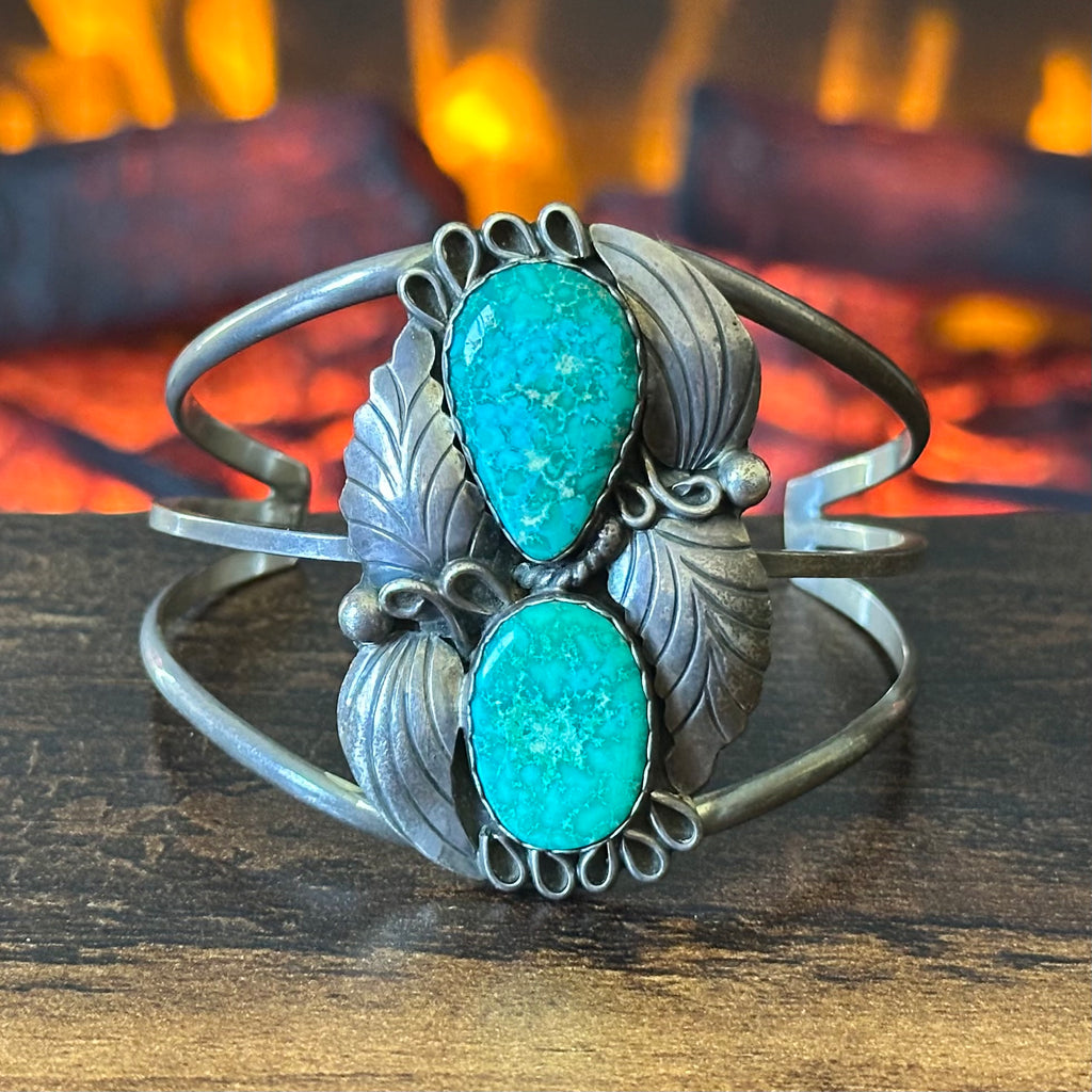 Turquoise Sterling Triple Shank Leaf Statement Cuff