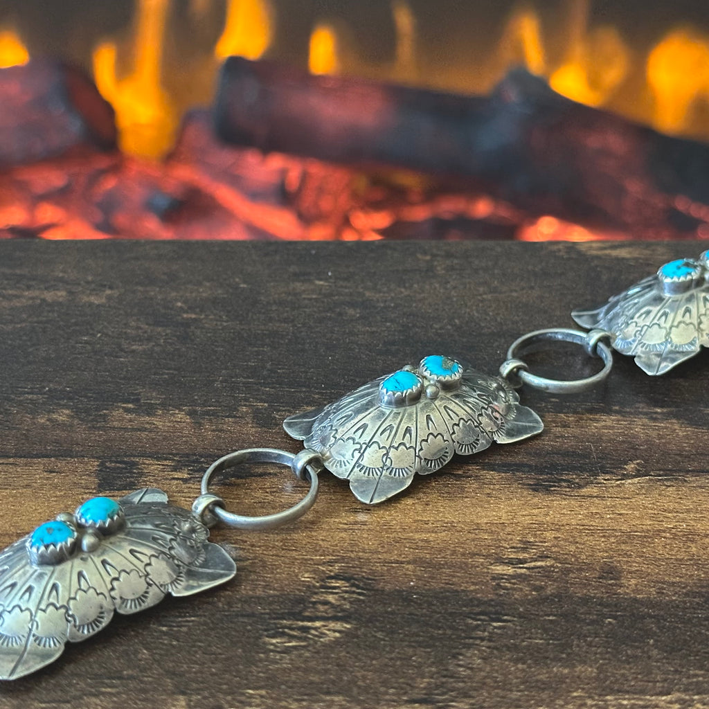 A.J. Signed Turquoise Double Stone 18 Sterling Concho Hand Stamped Belt