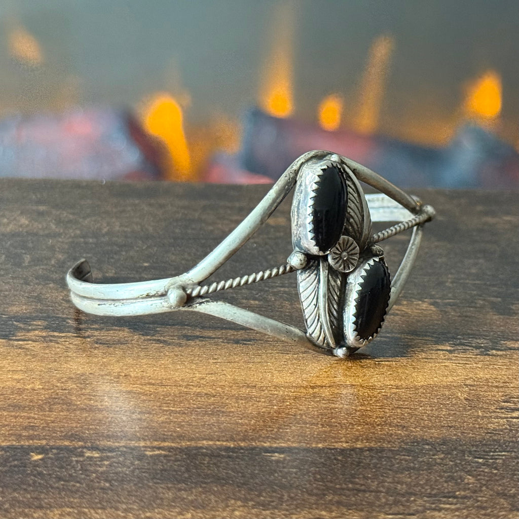 Onyx 2 Stone Sterling Twist Wire Leaf Cuff