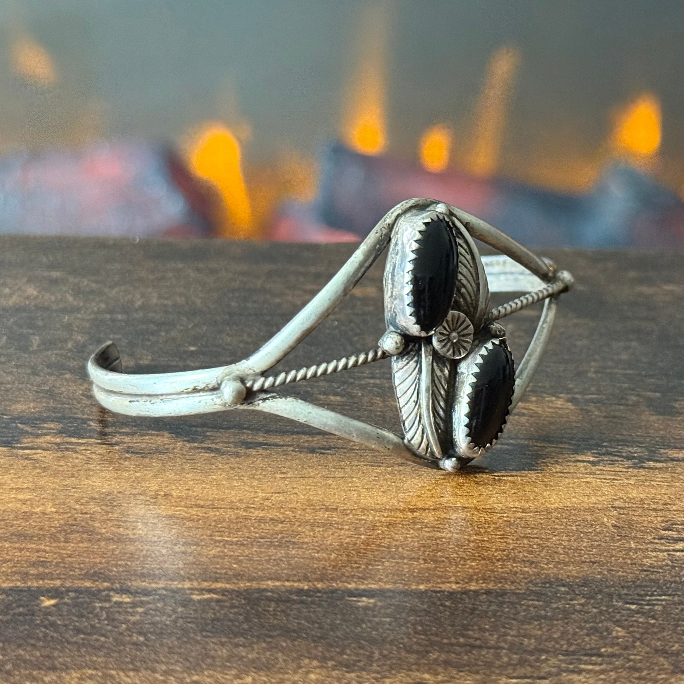 Onyx 2 Stone Sterling Twist Wire Leaf Cuff