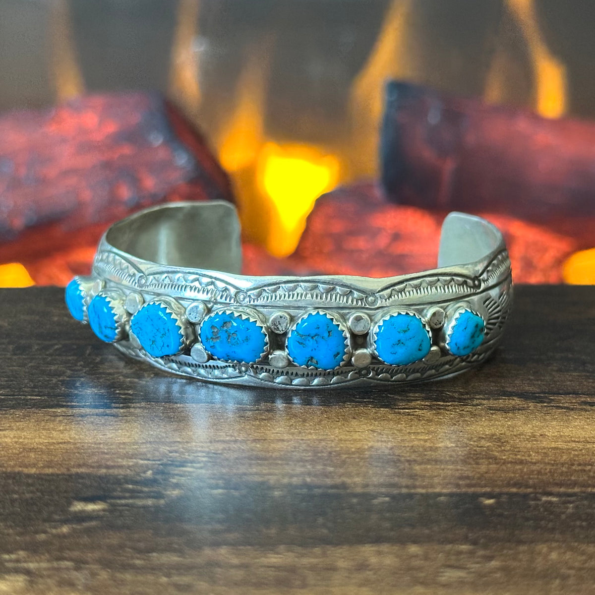 Navajo Wilbert Benally Turquoise 7 Stone Sterling Hand Stamped Raindrop Stacker Cuff