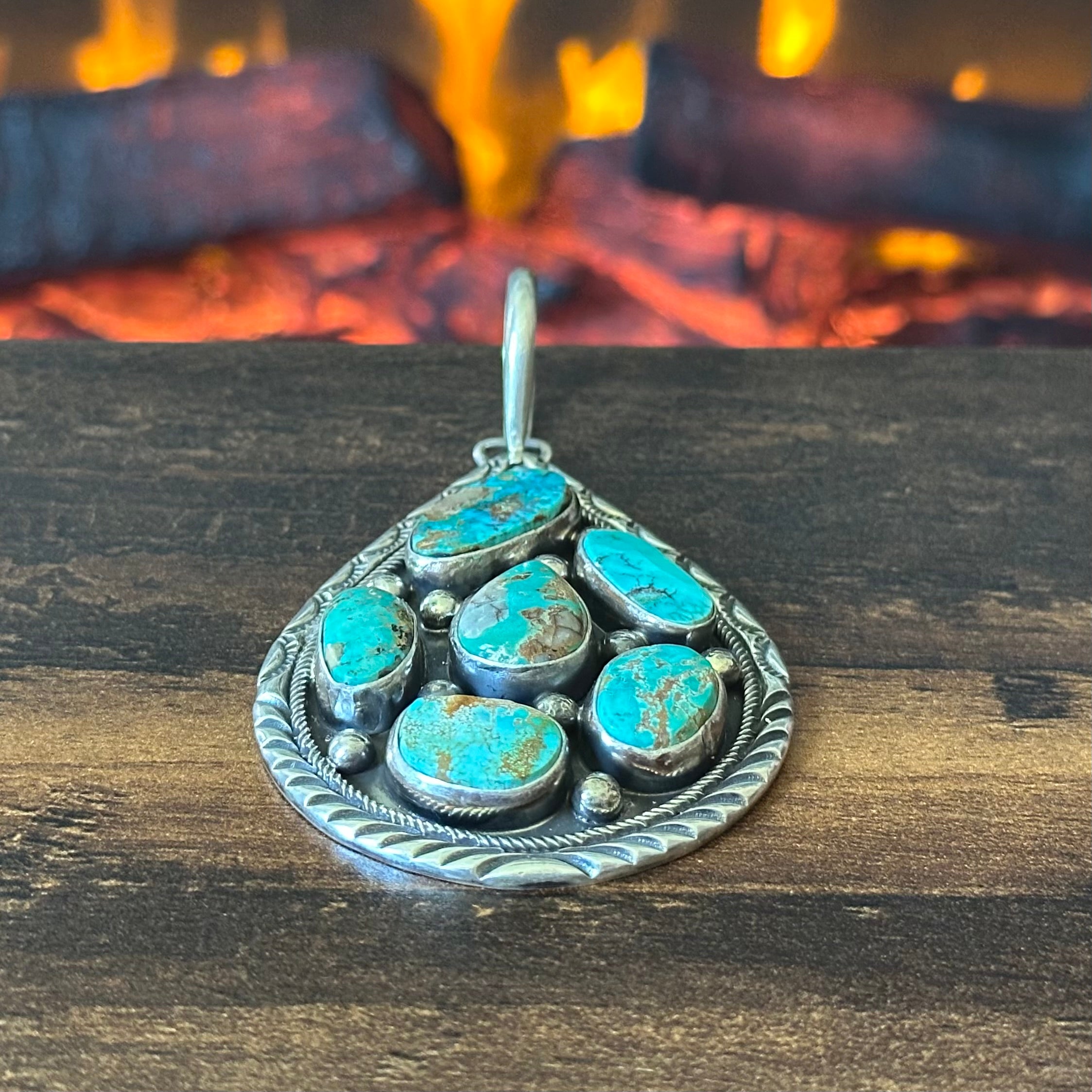 Navajo Bobby Johnson Royston Turquoise 6 Stone Sterling Hand Stamped Raindrop Cluster Pendant