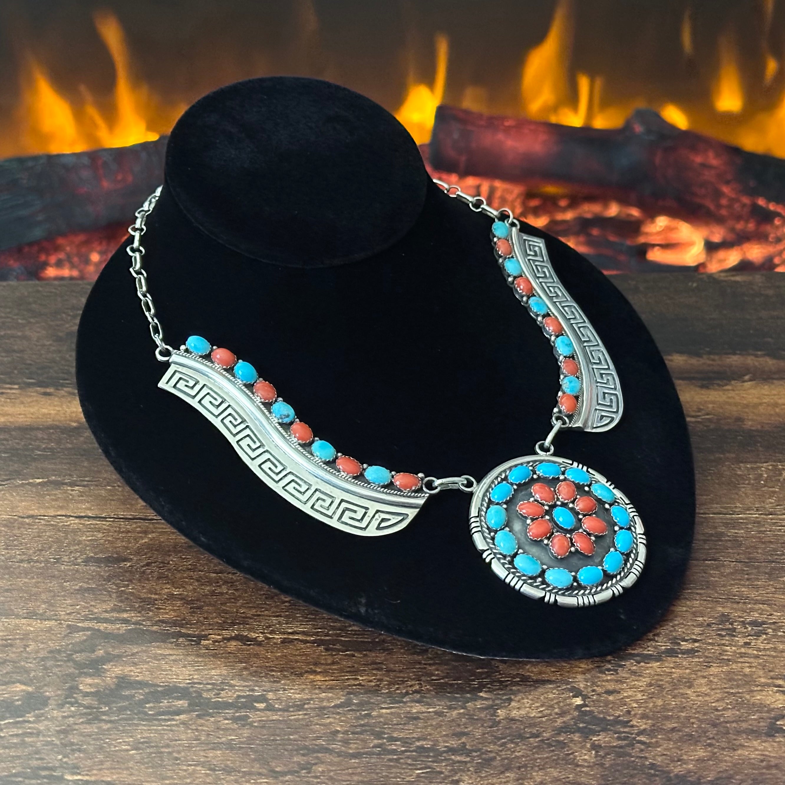 Navajo E. Etsitty Turquoise Red Coral 42 Stone Sterling Floral Cluster Statement Necklace