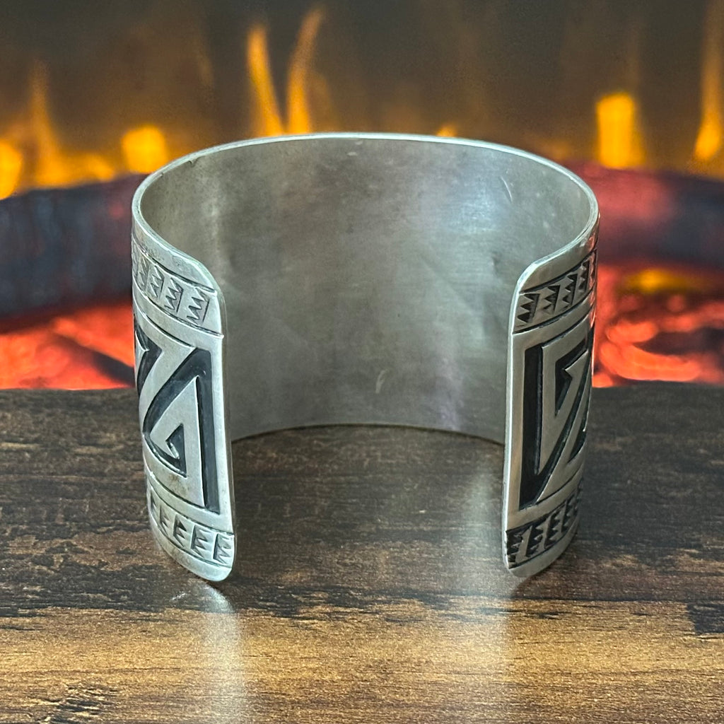 Navajo Charlie Bowie Hand Stamped Sterling Overlay Statement Cuff