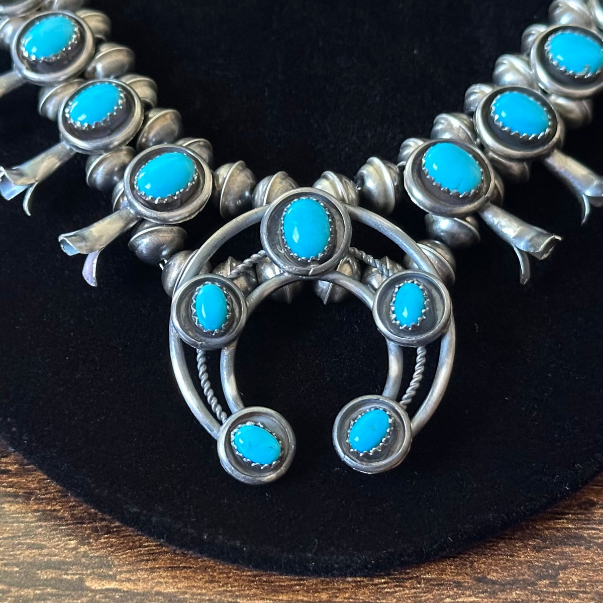 Navajo Phil & Lenora Garcia Sleeping Beauty Turquoise 13 Stone Sterling Oxidized Squash Blossom Necklace Earrings Set
