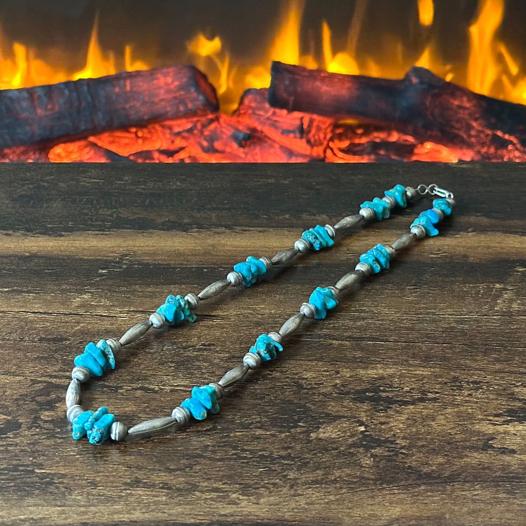 Chunky Turquoise 33 Stone Sterling Bench Stamped Torpedo Bead Necklace