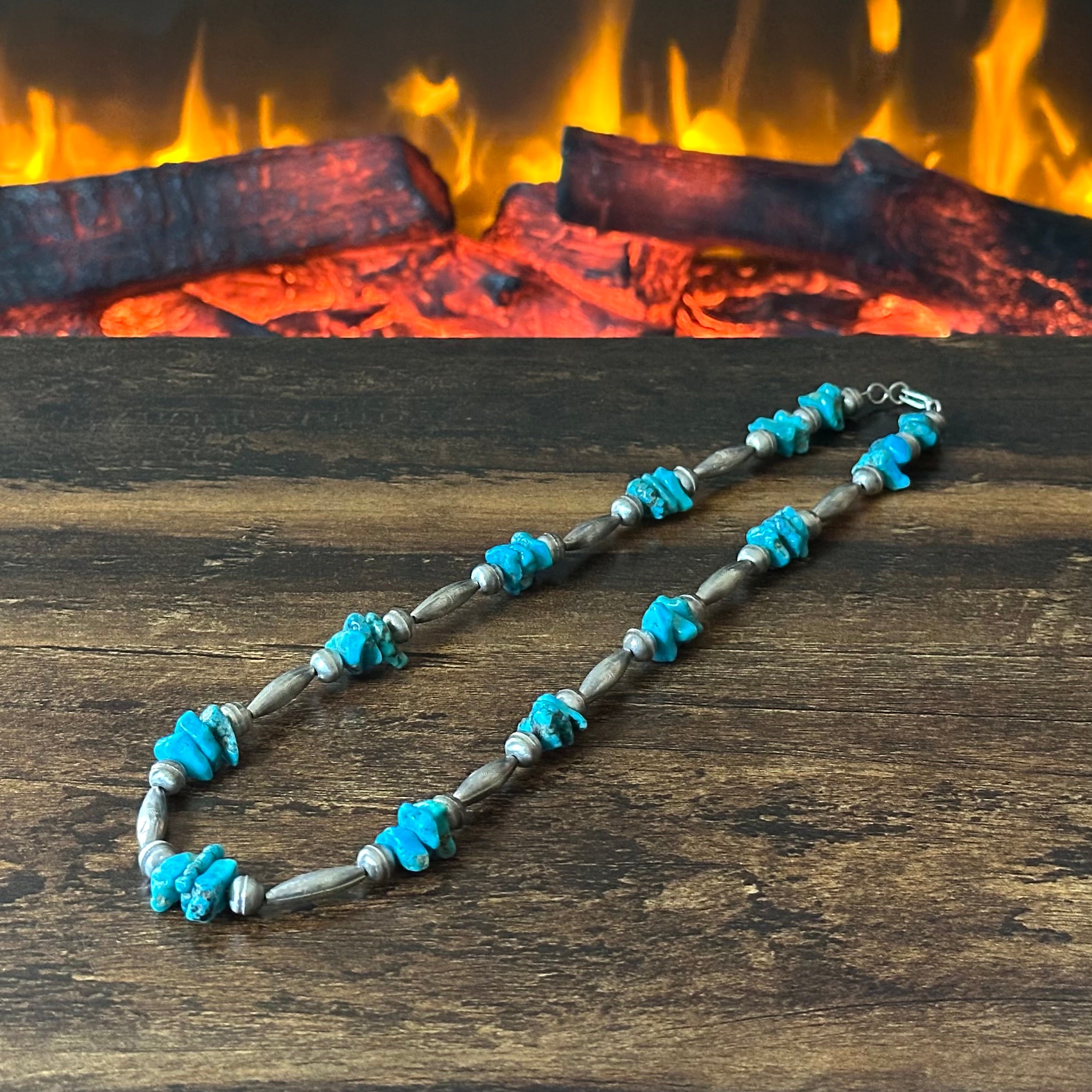 Chunky Turquoise 33 Stone Sterling Bench Stamped Torpedo Bead Necklace