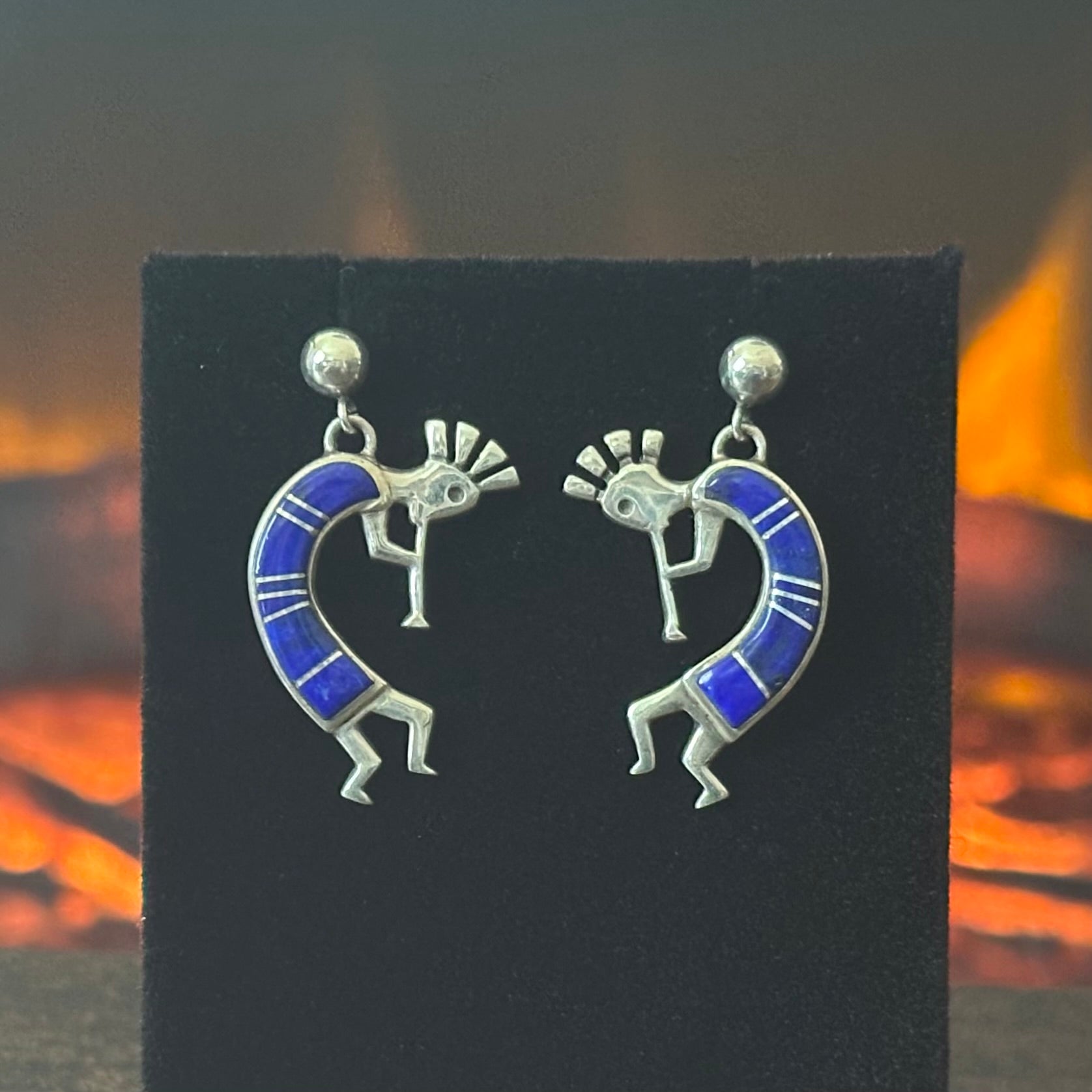 Navajo Calvin Begay Lapis Sterling Kokopelli Inlay Dangle Earrings