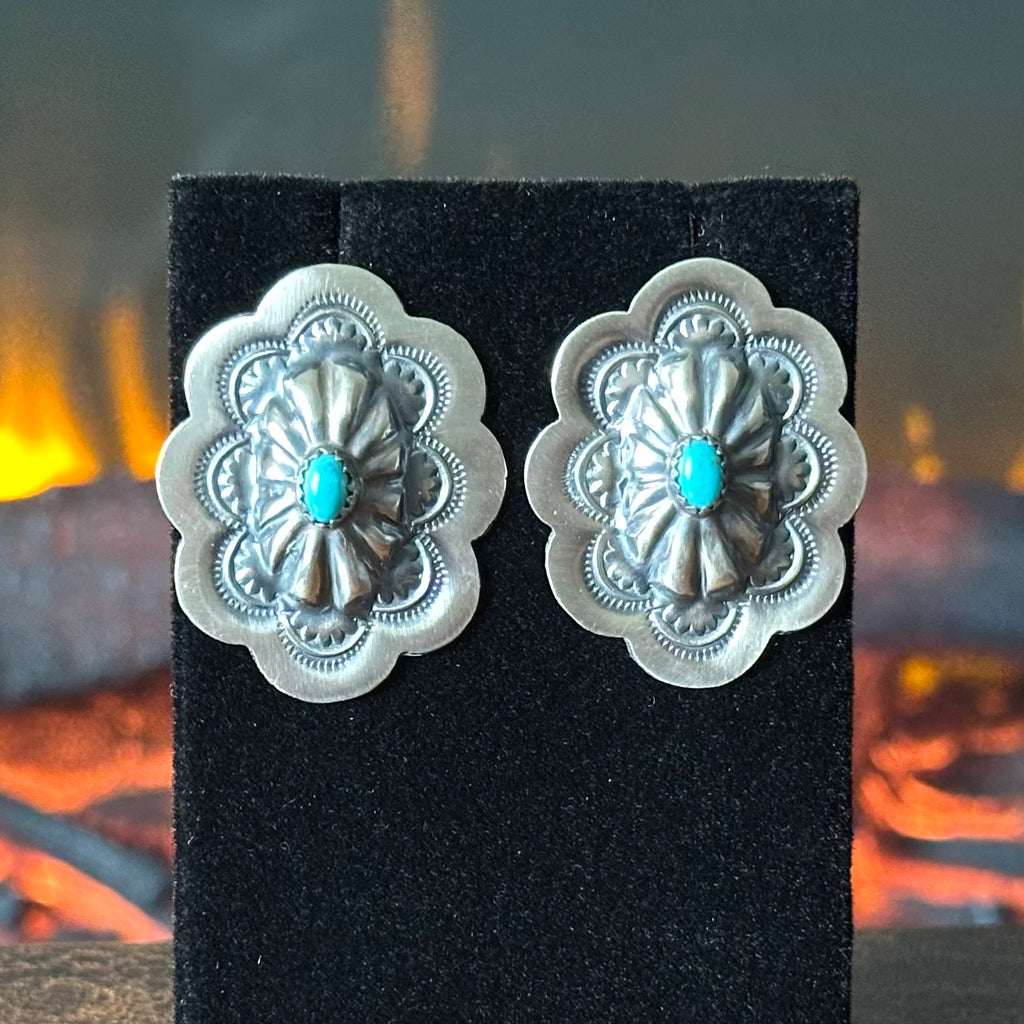 Navajo Raymond Benally Turquoise 7 Stone Sterling Hand Stamped Concho Lariat Necklace Earrings Set
