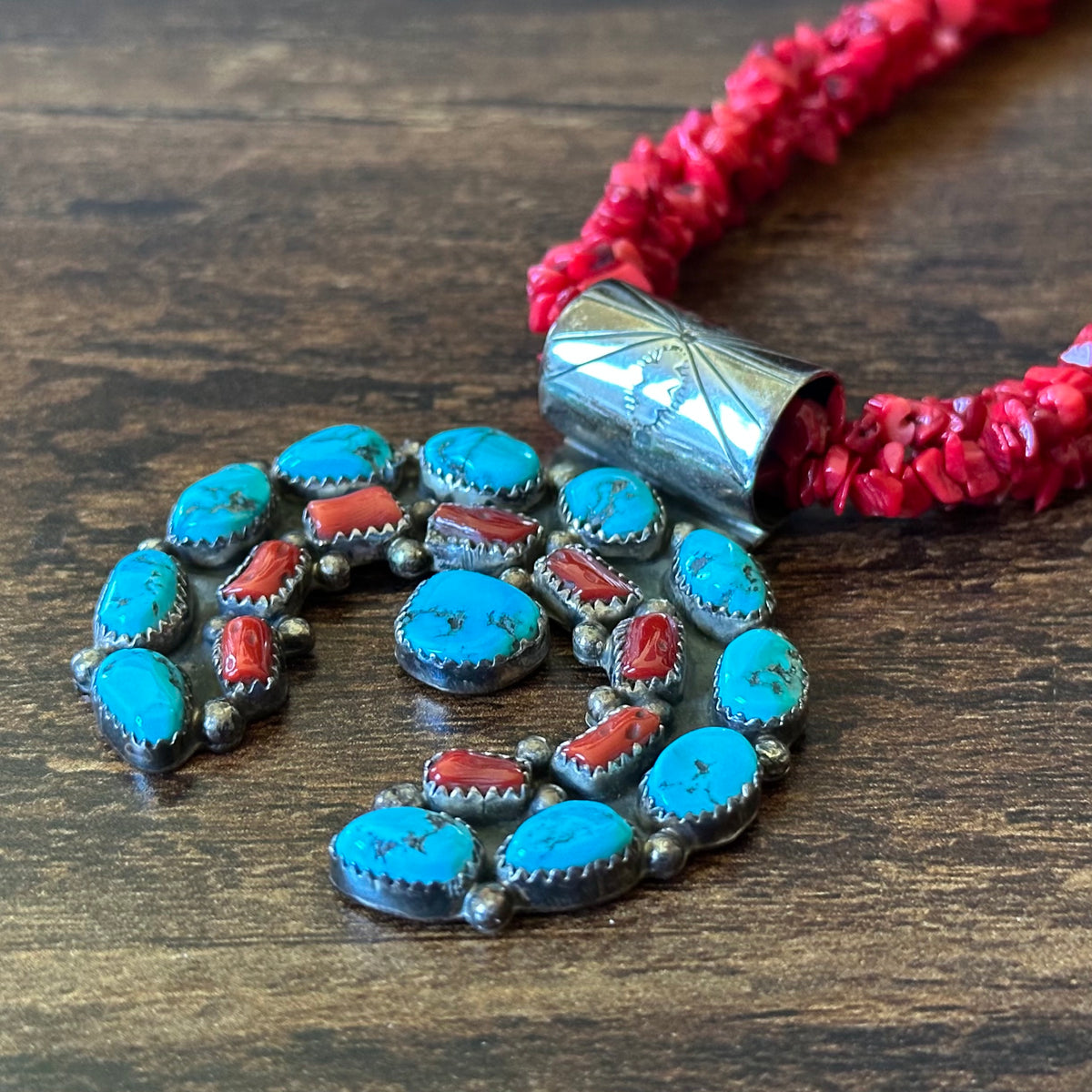 Running Bear Trading Turquoise Red Coral 20 Stone Sterling Triple Strand Hand Stamped Naja Pendant Necklace