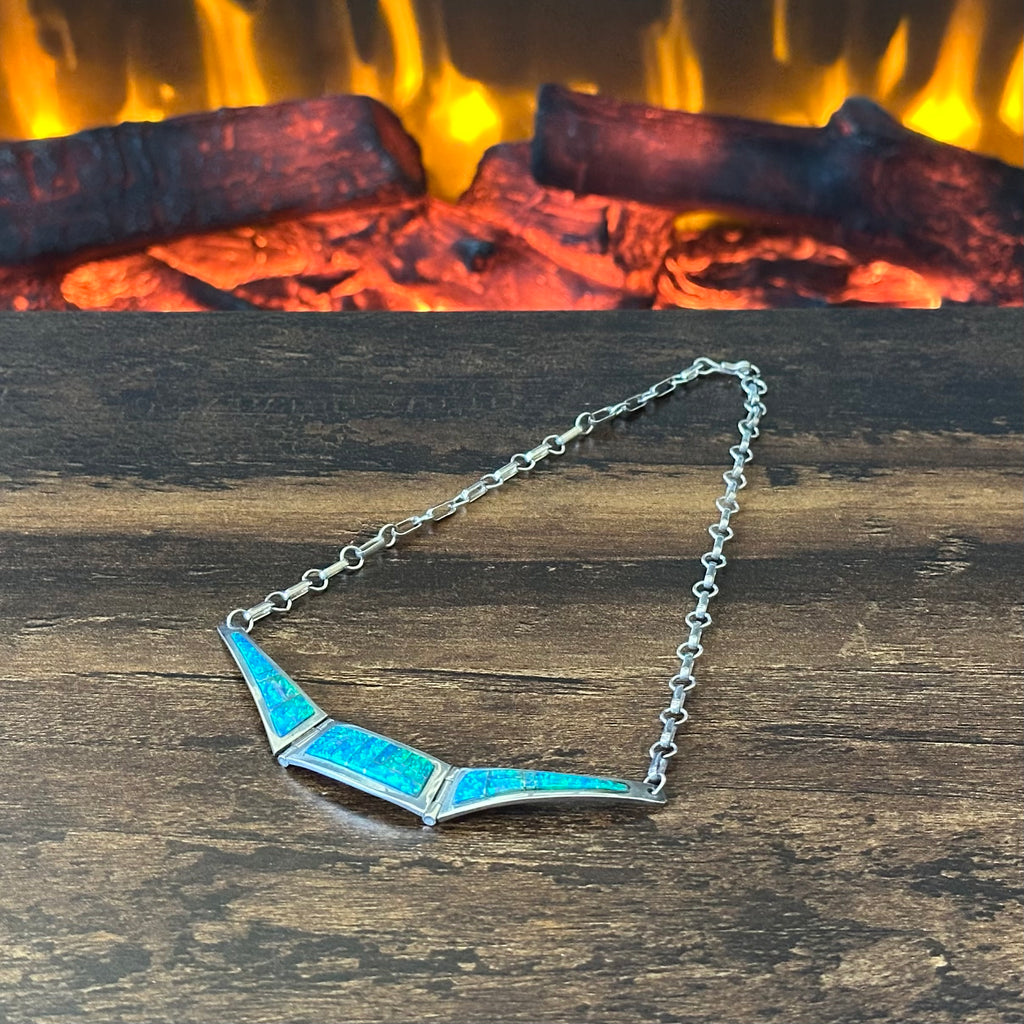 Navajo John Nelson Green Opal Sterling Hinged Inlay Necklace