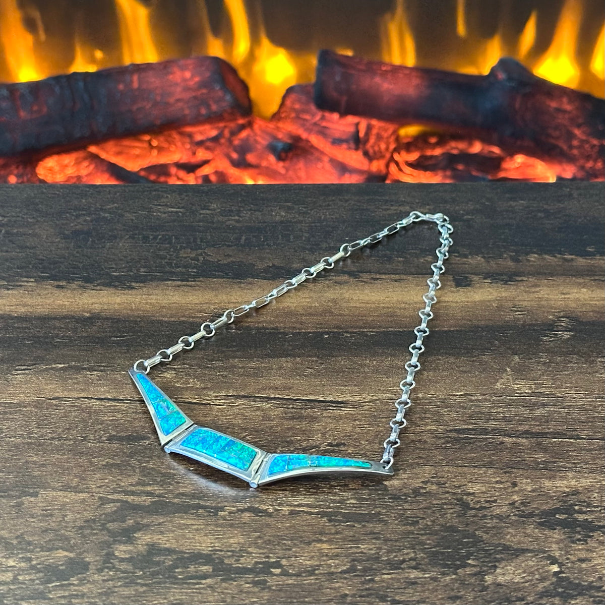 Navajo John Nelson Green Opal Sterling Hinged Inlay Necklace