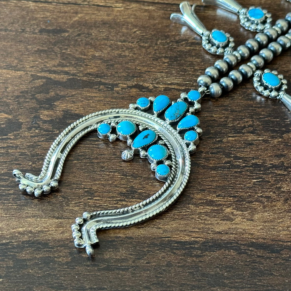 Navajo Jimmy Garcia Turquoise 19 Stone Sterling Raindrop Squash Blossom