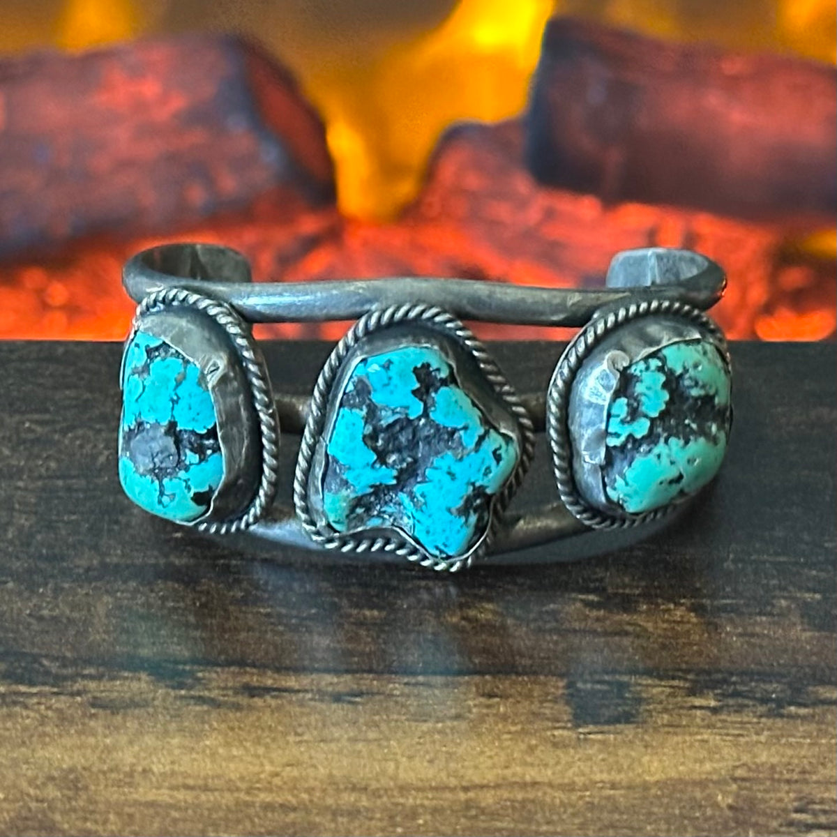 Vintage Turquoise 3 Stone Sterling Twist Wire Bezel Nugget Cuff