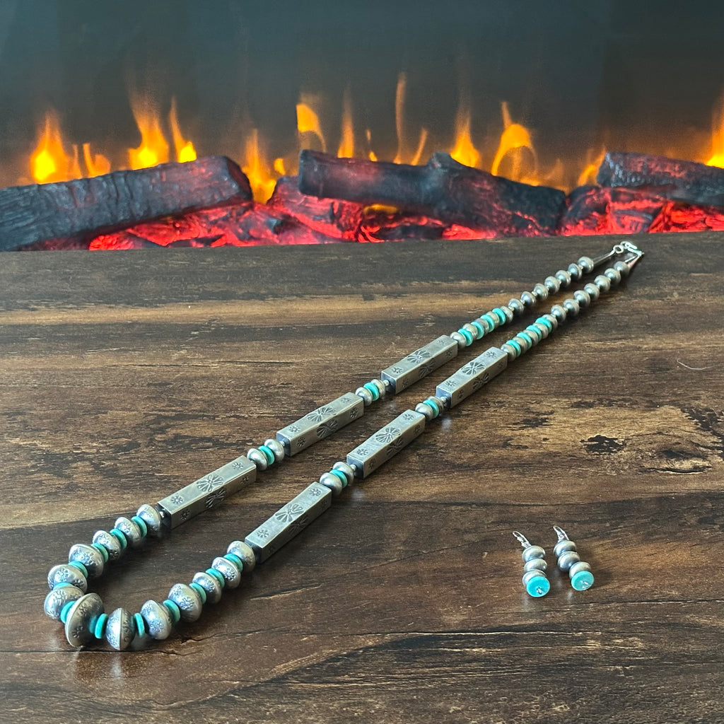 Navajo Tysha Aparicio Turquoise Sterling Handmade Rectangular Bead Stamped Necklace Earrings Set