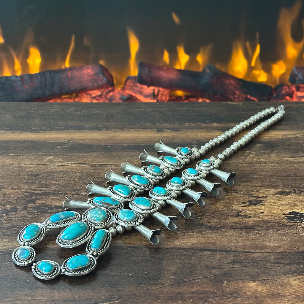 Turquoise 20 Stone Sterling Handmade Bead Twist Wire Bezel Squash Blossom