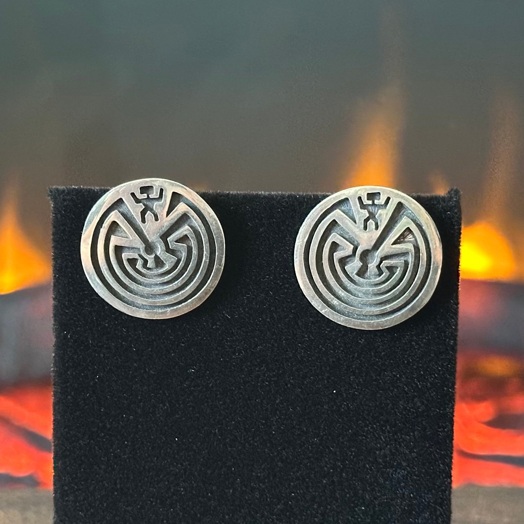 Hopi Mark Tawahongva Sterling Overlay Man in the Maze Stud Earrings