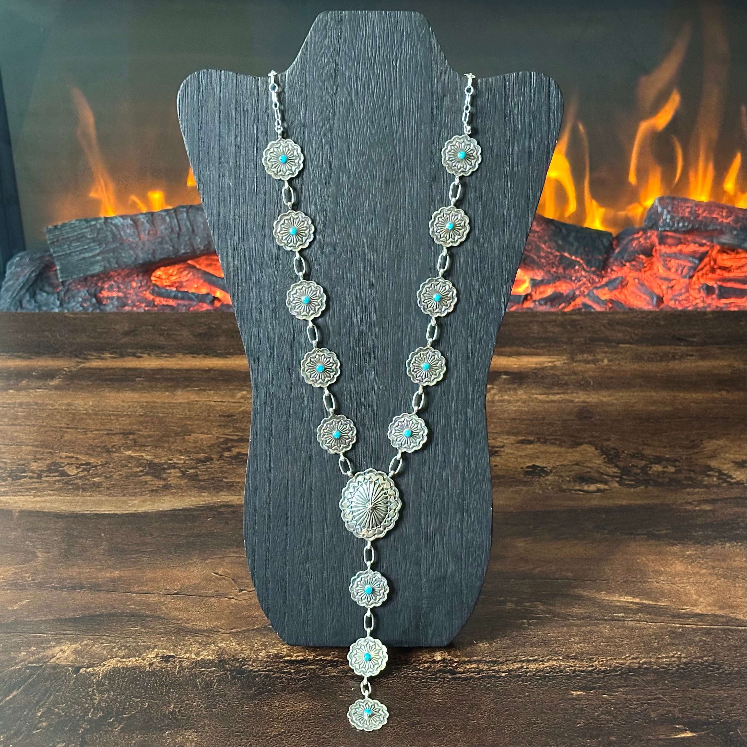 Running Bear Trading Turquoise 13 Stone Sterling Hand Stamped Concho Lariat Necklace