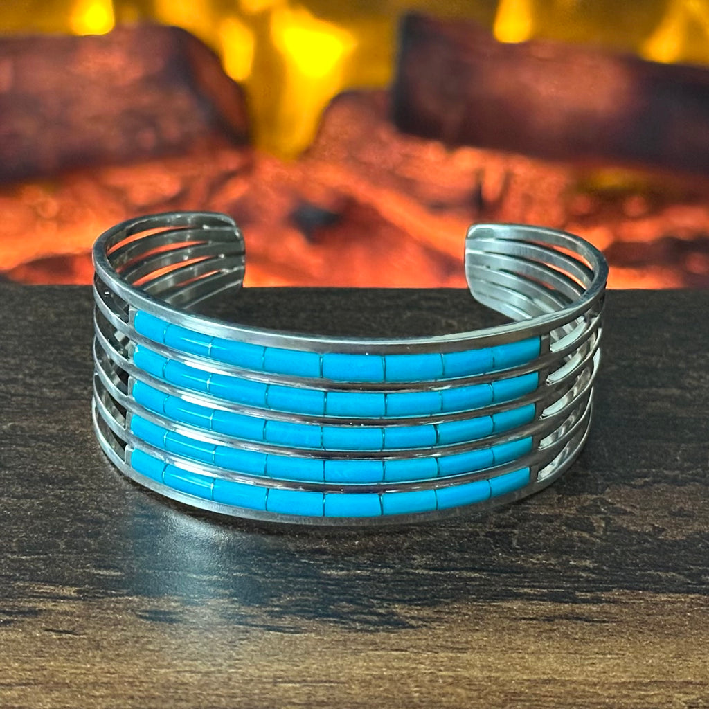 Zuni Anson & Leticia Wallace Turquoise 40 Stone Sterling 6 Shank Inlay Cuff