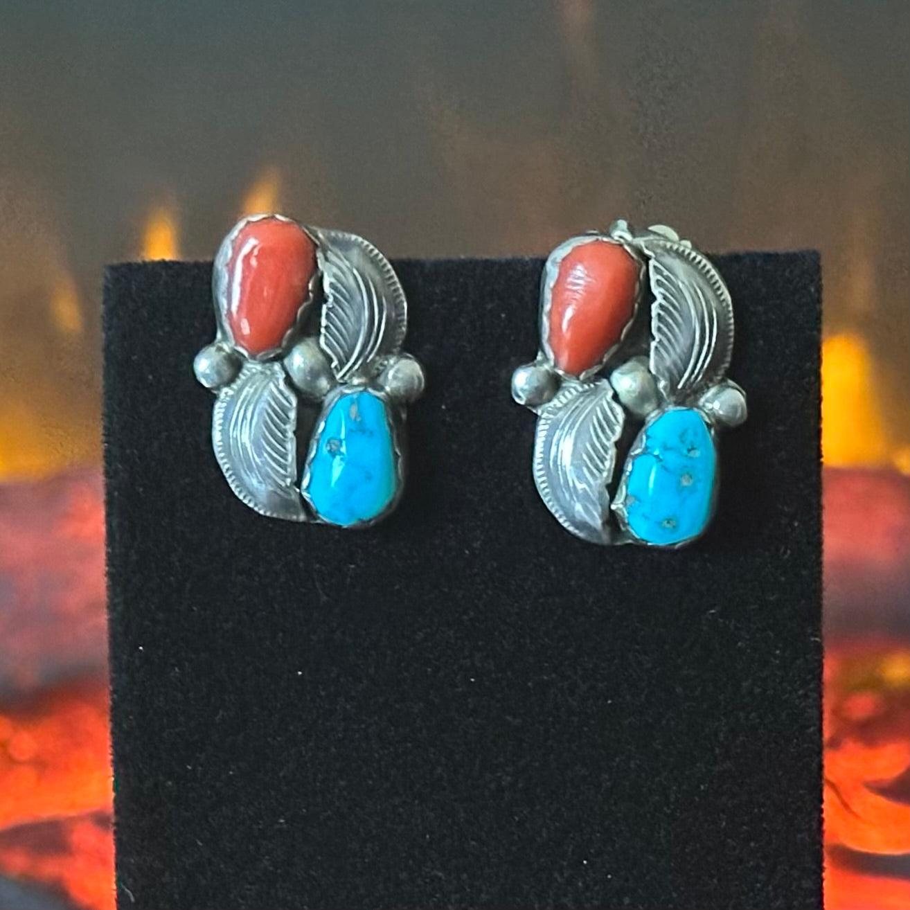 Simplicio Signed Turquoise Red Coral 4 Stone Sterling Leaf Ornate Clip-on Earrings