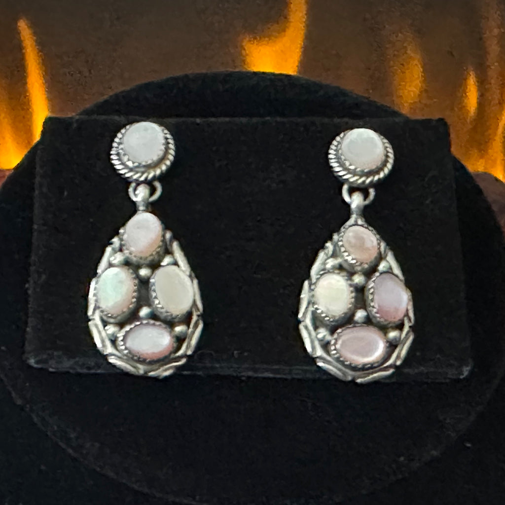 TT Signed Pink Mother of Pearl 26 Stone Sterling Teardrop Cluster Statement Necklace Earring Set