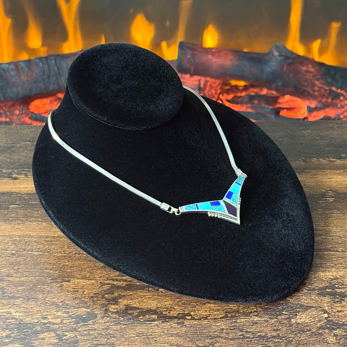 Navajo Charles Willie Turquoise Lapis Sugilite Gaspeite Sterling Chevron Inlay Necklace
