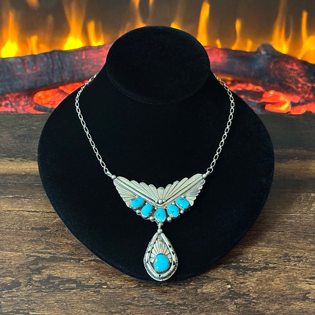 Turquoise 6 Stone Sterling Twist Wire Raindrop Necklace