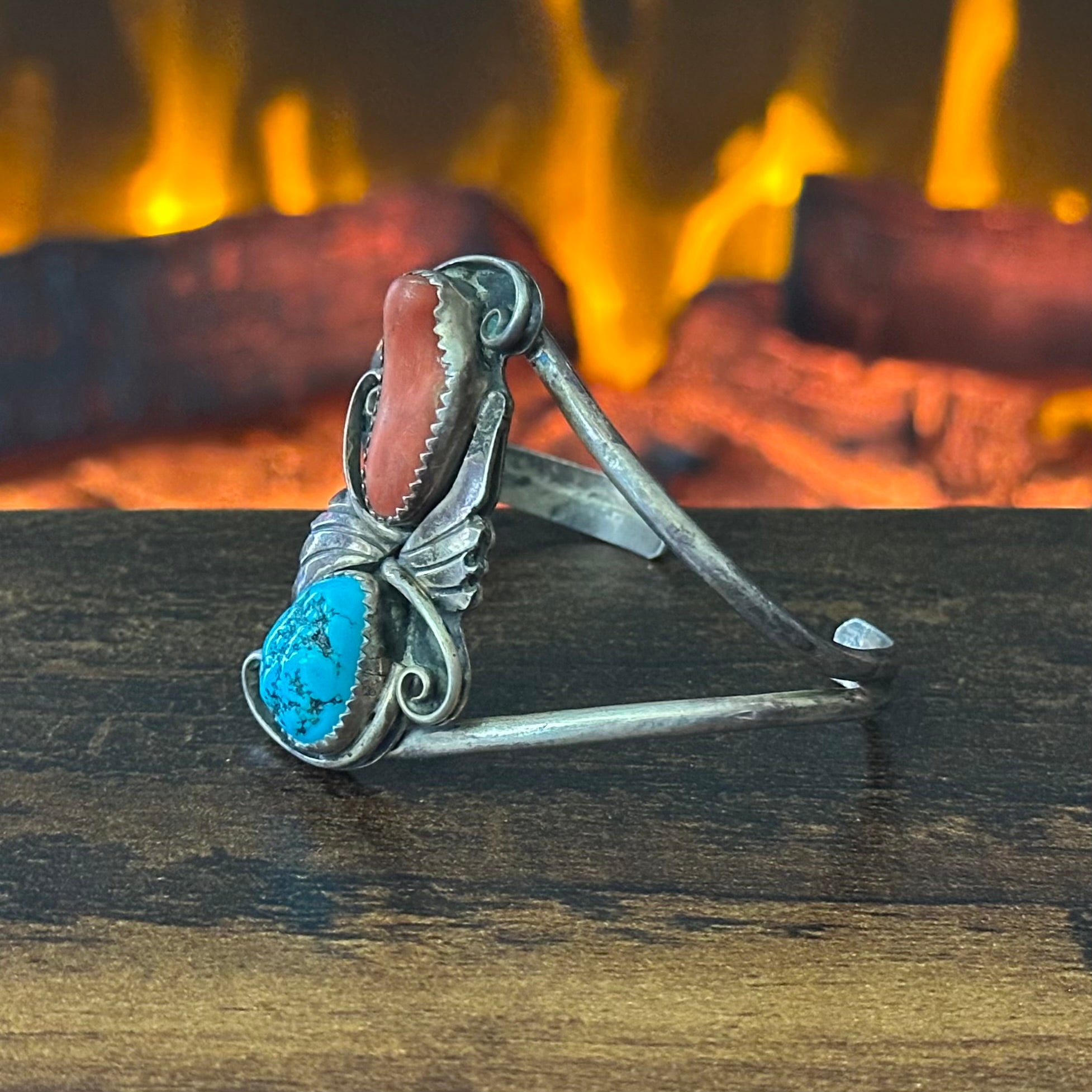Vintage Turquoise Red Coral Sterling Statement Cuff