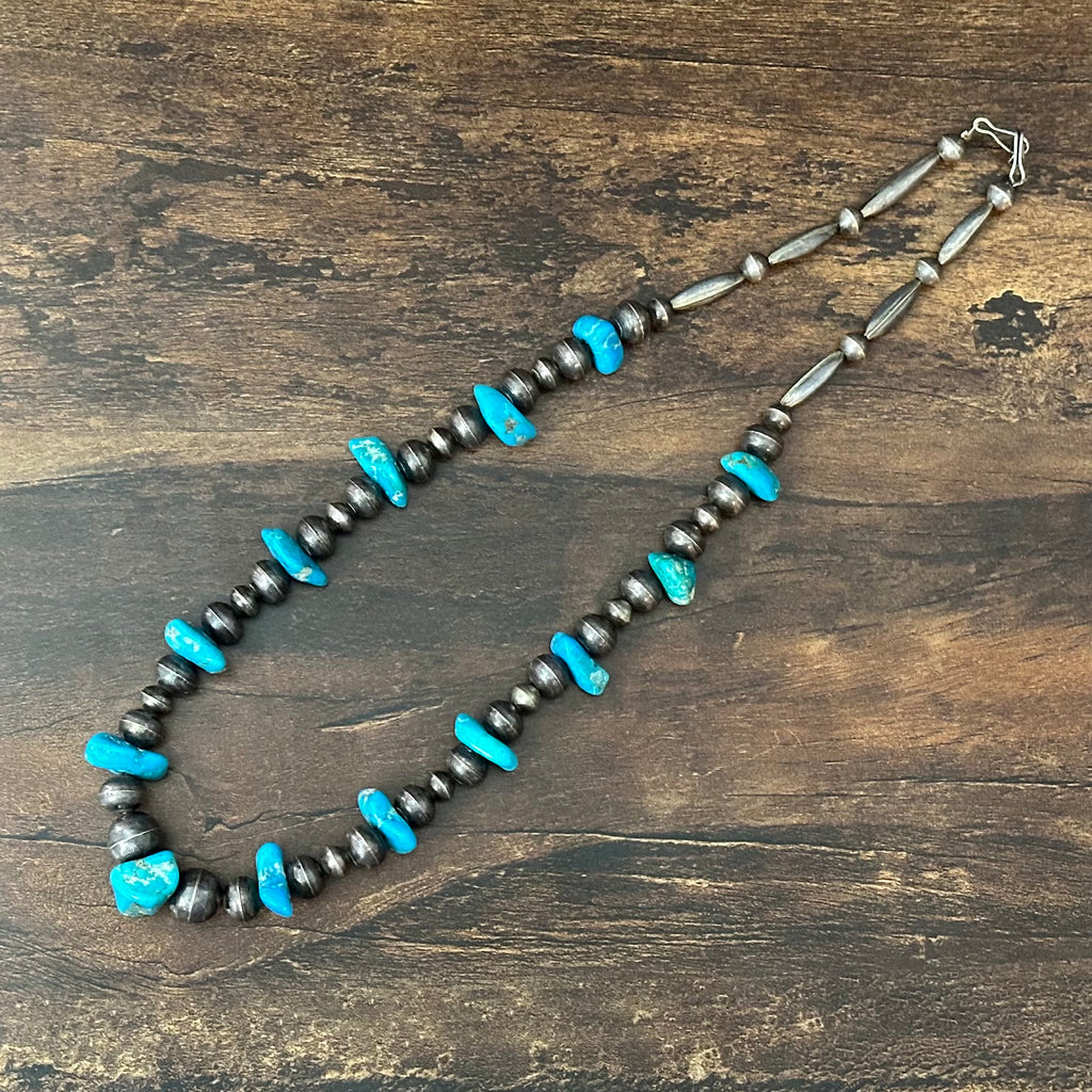 Vintage Turquoise 13 Nugget Sterling Torpedo Bench Bead Necklace