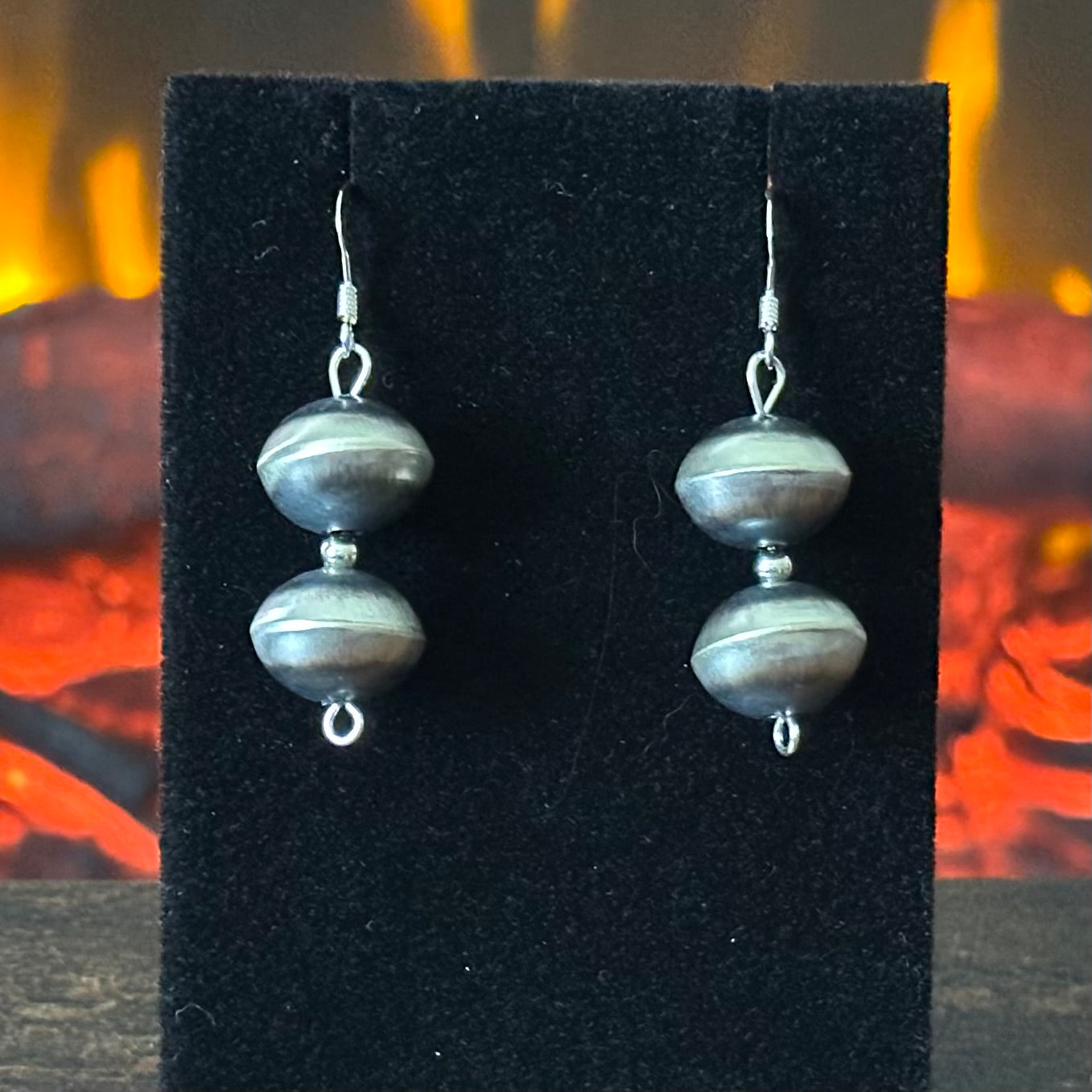 Navajo Sharon Cooley Sterling Handmade Stamped Cylinder Bead Necklace Earrings Set