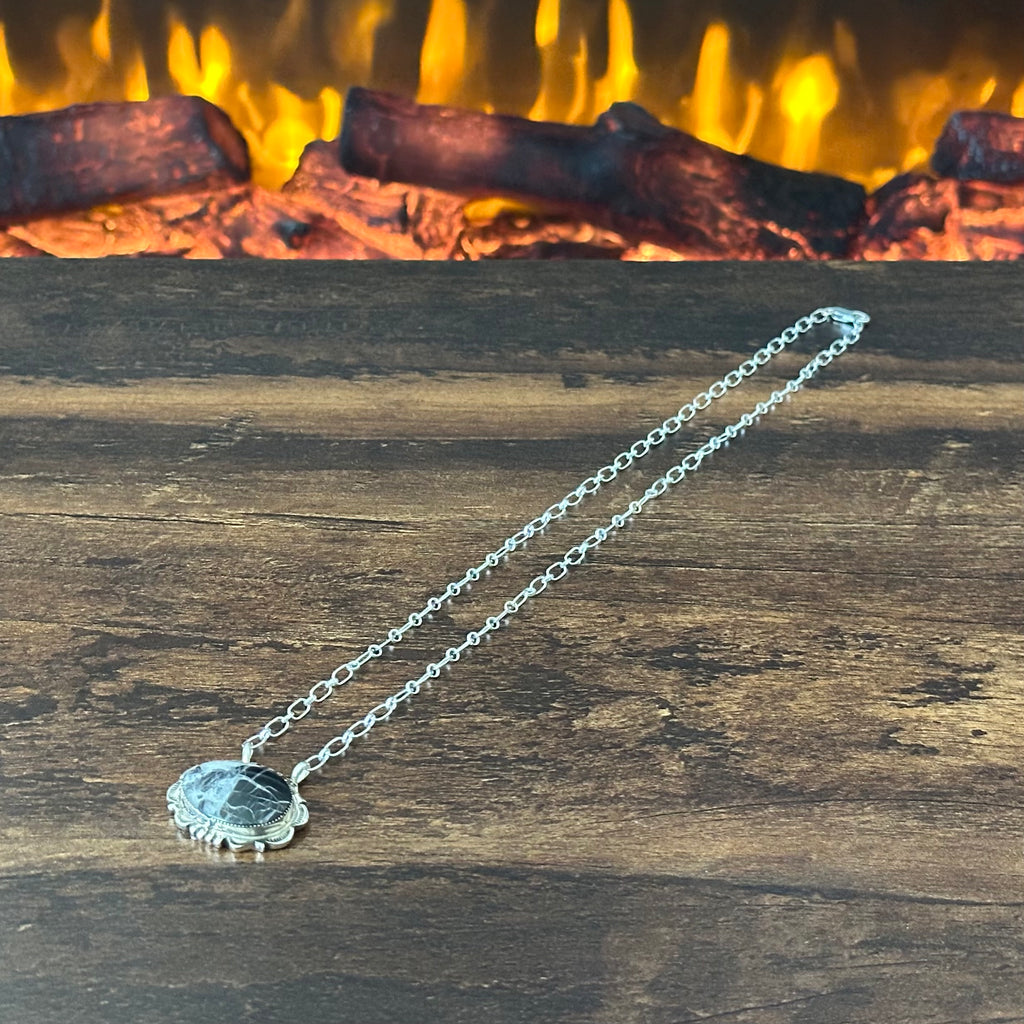 Navajo Leroy Silversmith White Buffalo Sterling Hand Stamped Pendant Necklace