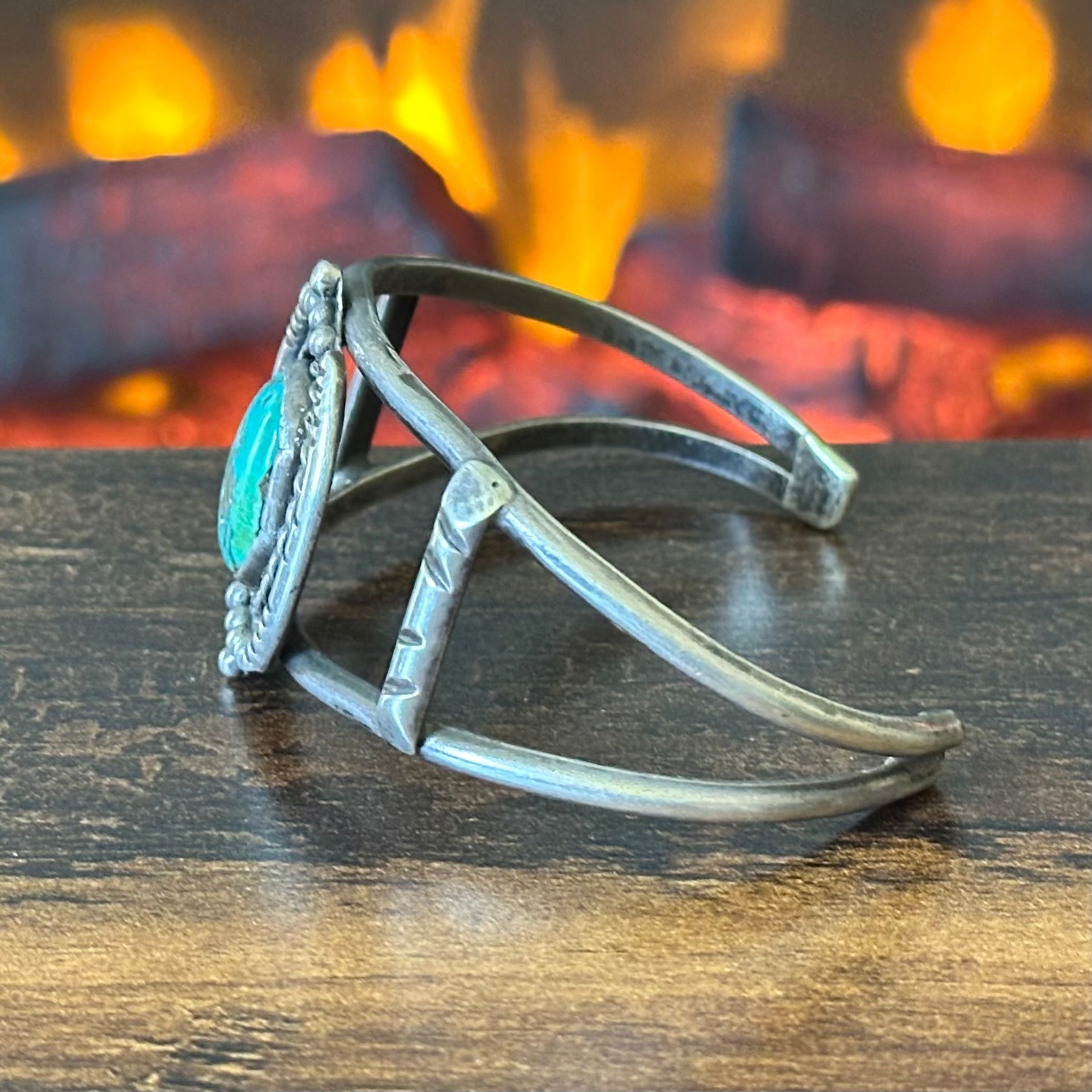 Turquoise Sterling Dual Twist Wire Bezel Hand Stamped Raindrop Cuff