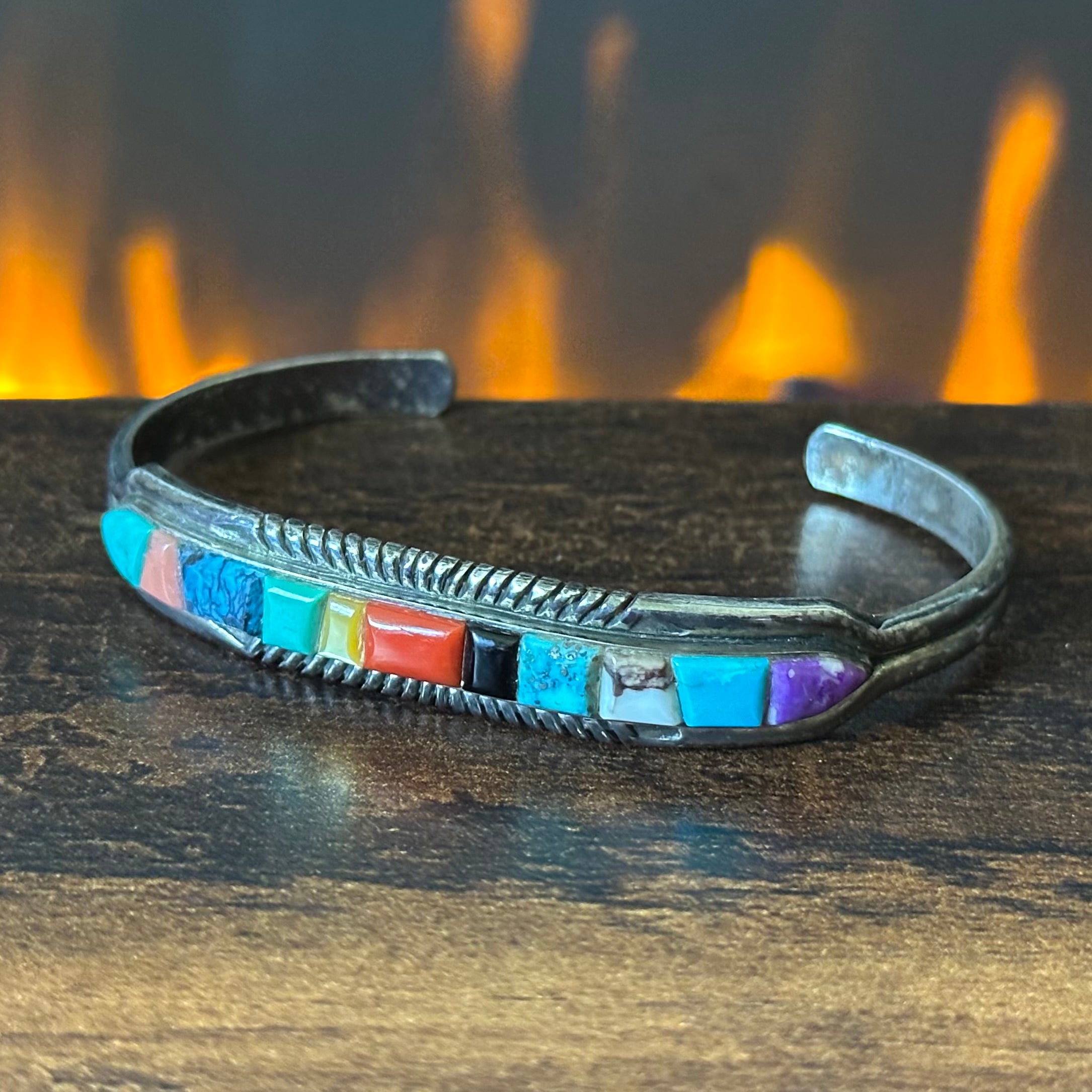 Vintage Signed Turquoise Pink Conch Red Coral Charoite Onyx Sterling Hand Stamped Inlay Stacker Cuff