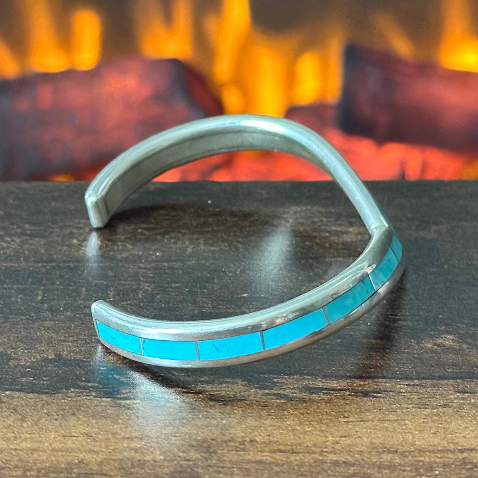Zuni Larry Loretto Turquoise Sterling Inlay Chevron Cuff