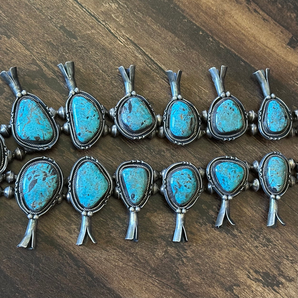 1960-70s Turquoise 20 Stone Chunky Sterling Handmade Bead Squash Blossom