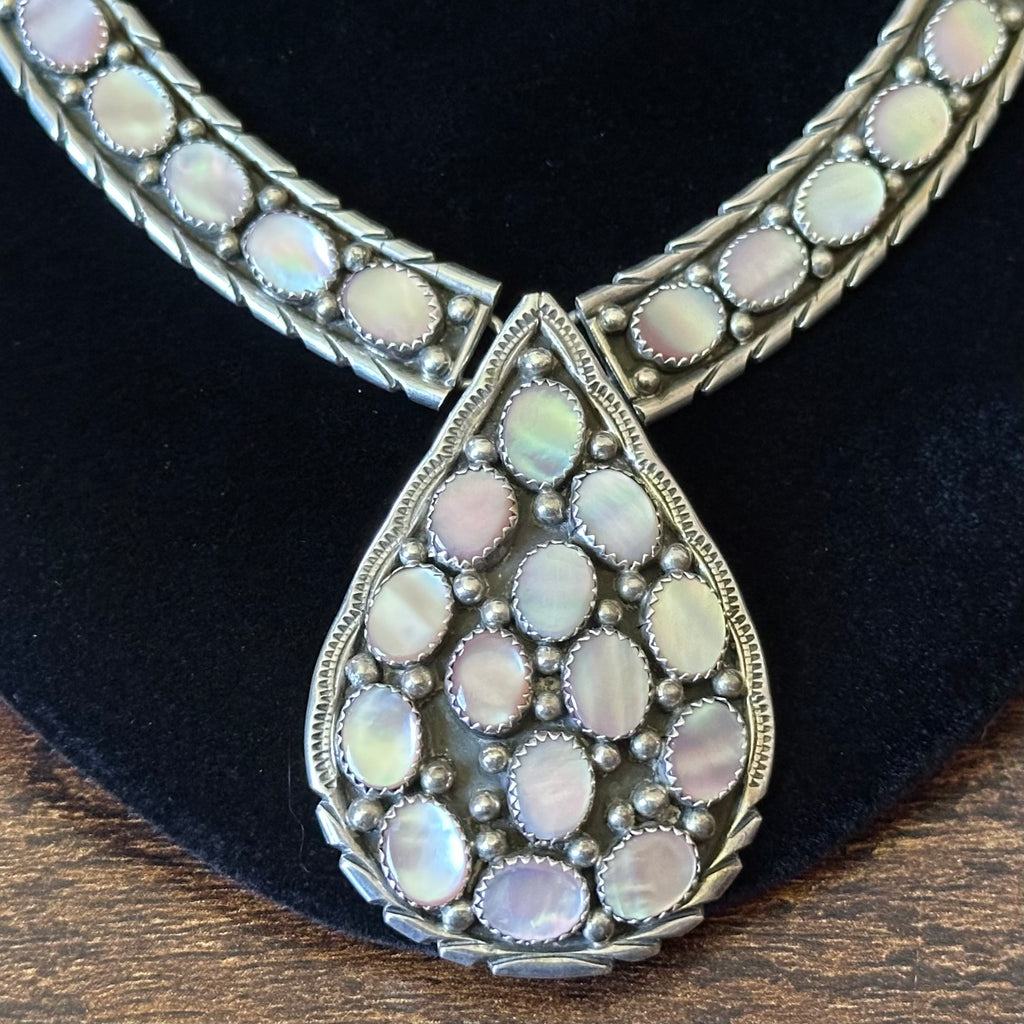 Navajo Carlos Signed Mother of Pearl 34 Stone Sterling Teardrop Cluster Statement Necklace