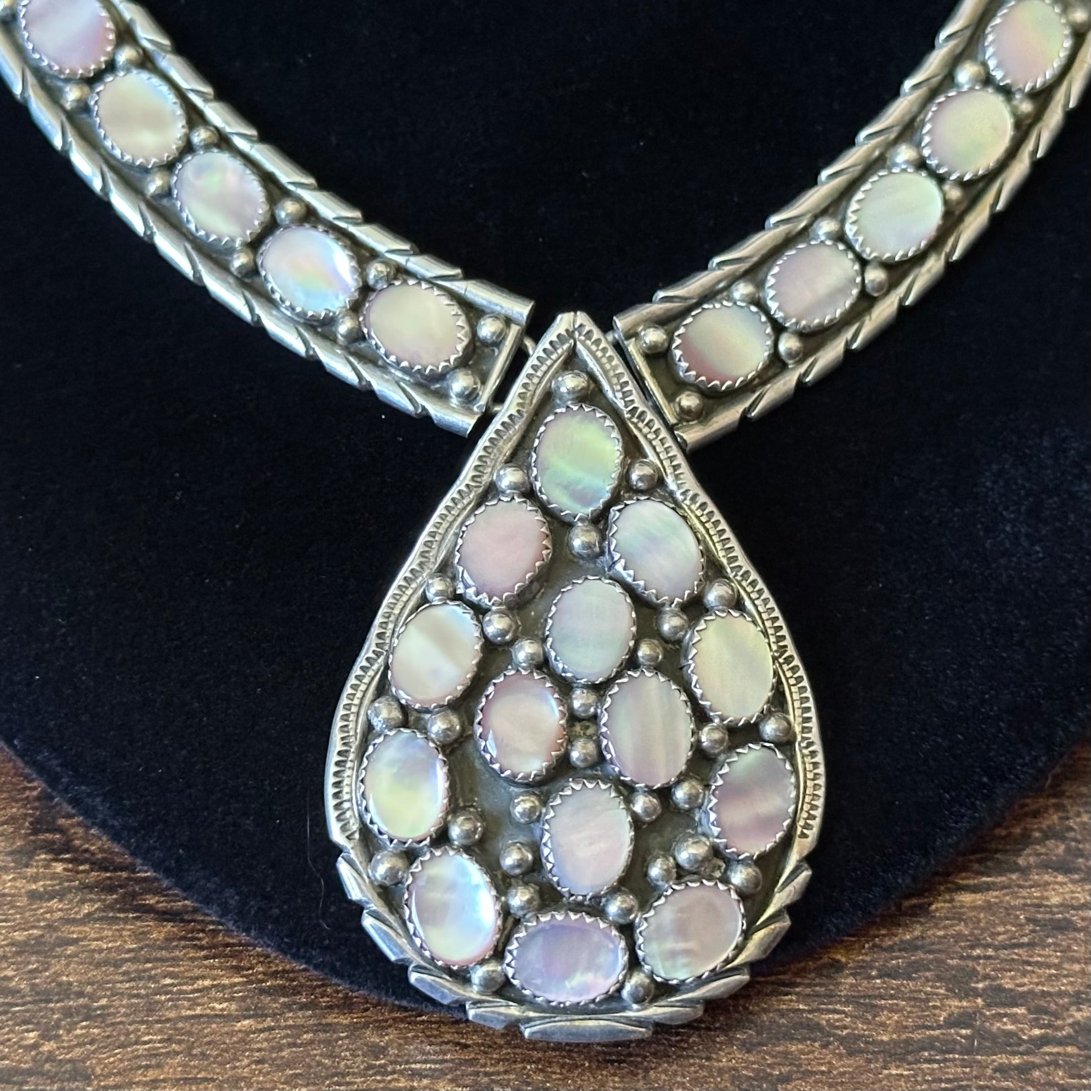 Navajo Carlos Signed Mother of Pearl 34 Stone Sterling Teardrop Cluster Statement Necklace