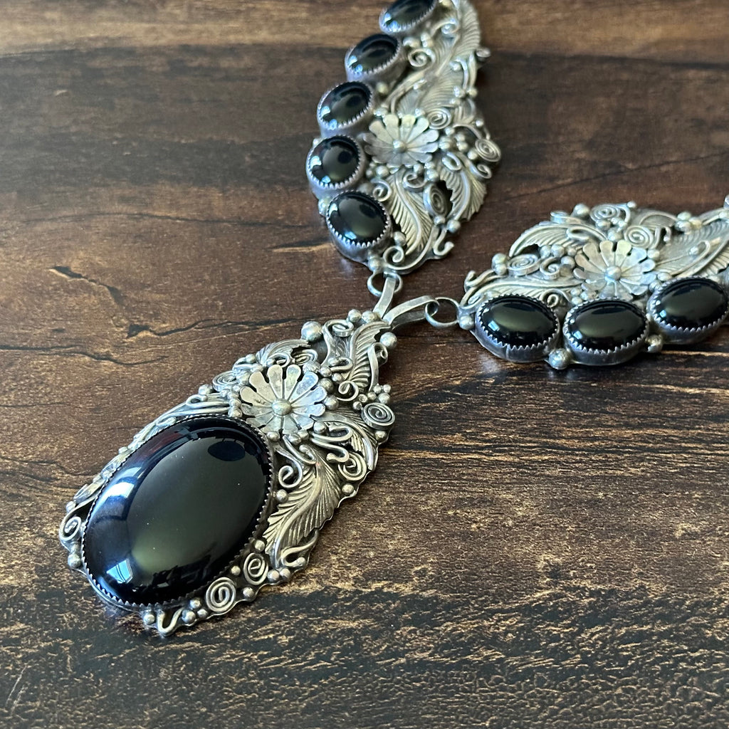 Onyx 11 Stone Sterling Floral Feather Ornate Statement Necklace