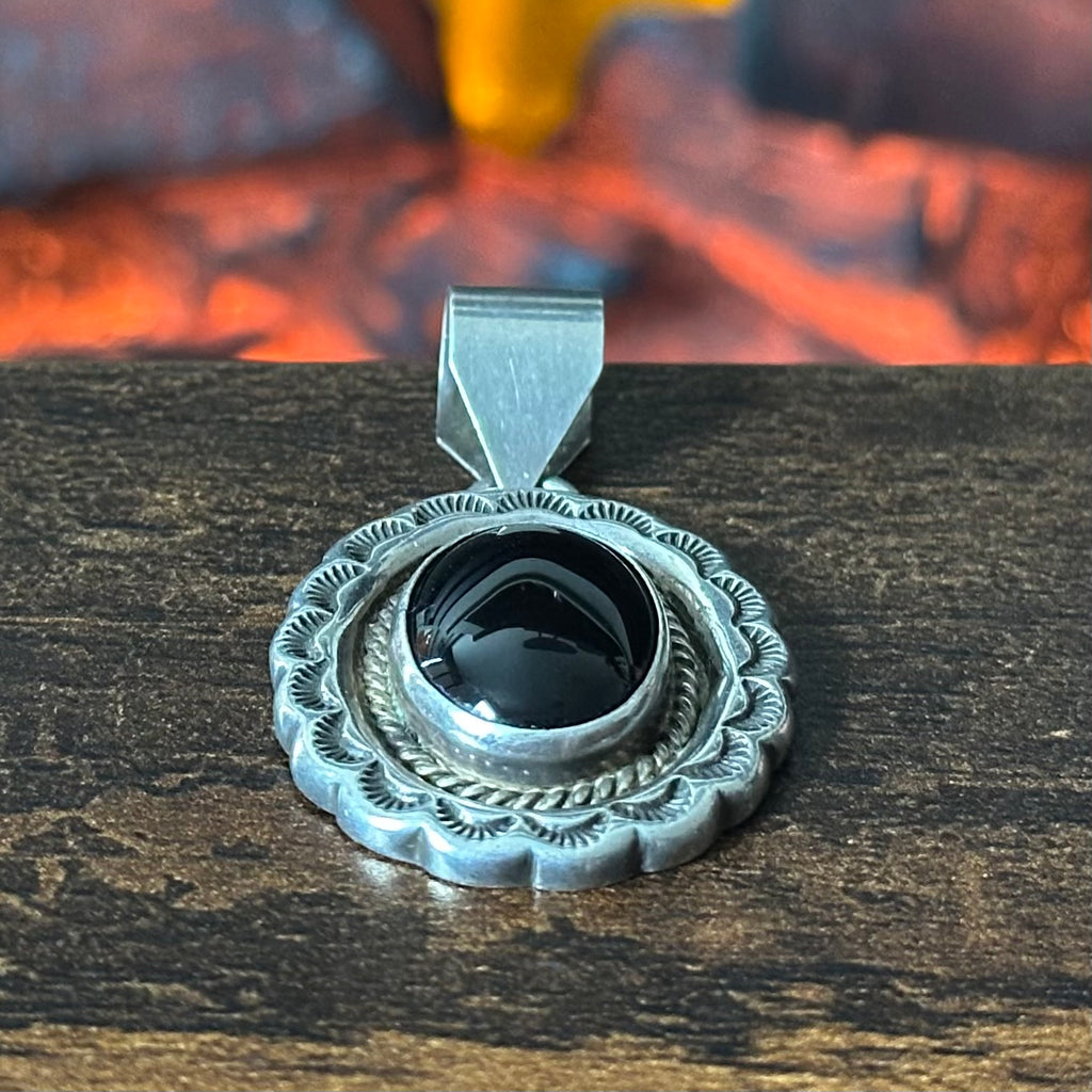 Navajo Julian Nez Onyx Sterling Hand Stamped Twist Wire Bezel Pendant