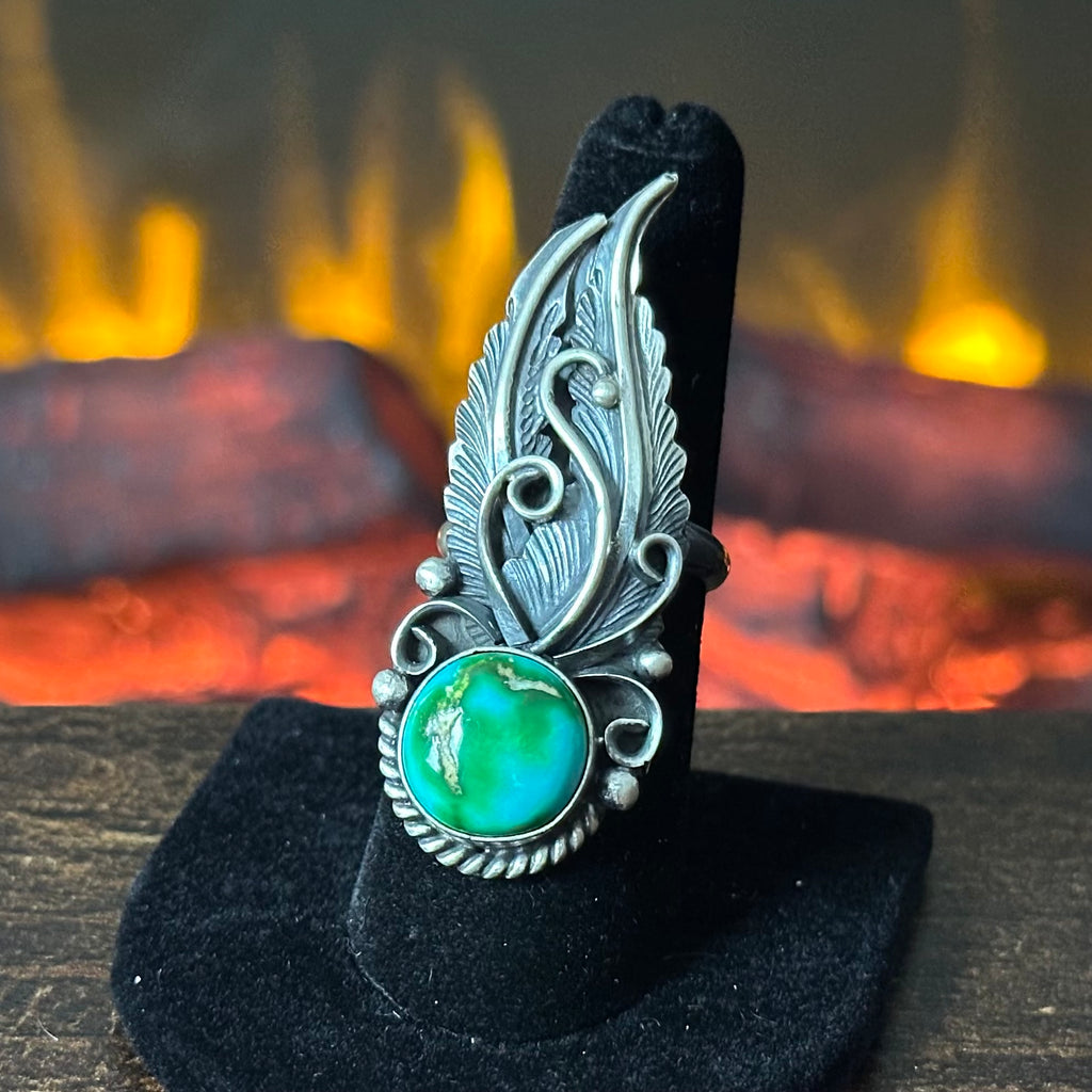 Navajo Jimmy Lee Sonoran Gold Turquoise Sterling Feather Statement Ring