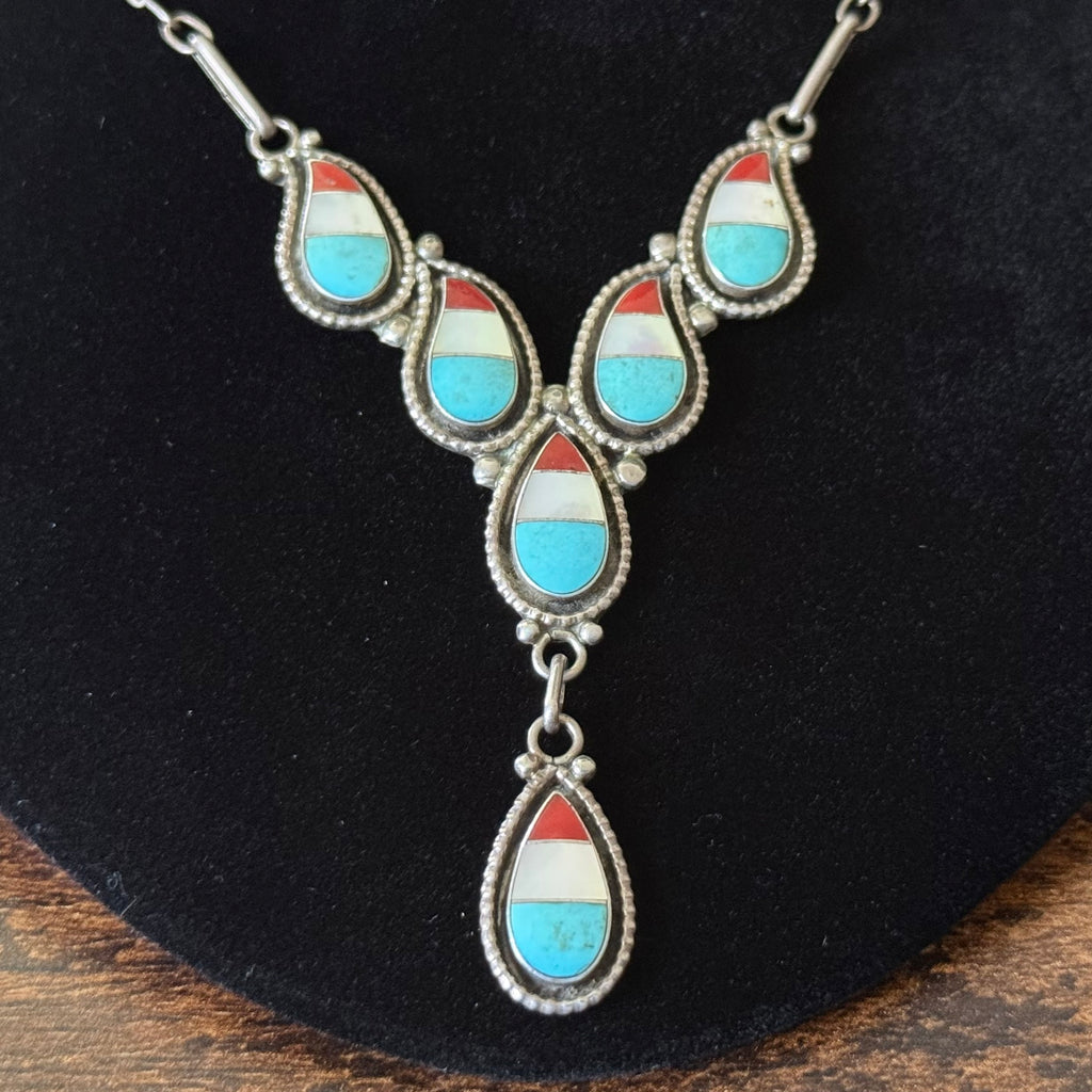 Zuni Lowsayatee 1990s Turquoise Mother of Pearl Red Coral Sterling Inlay Teardrop Necklace