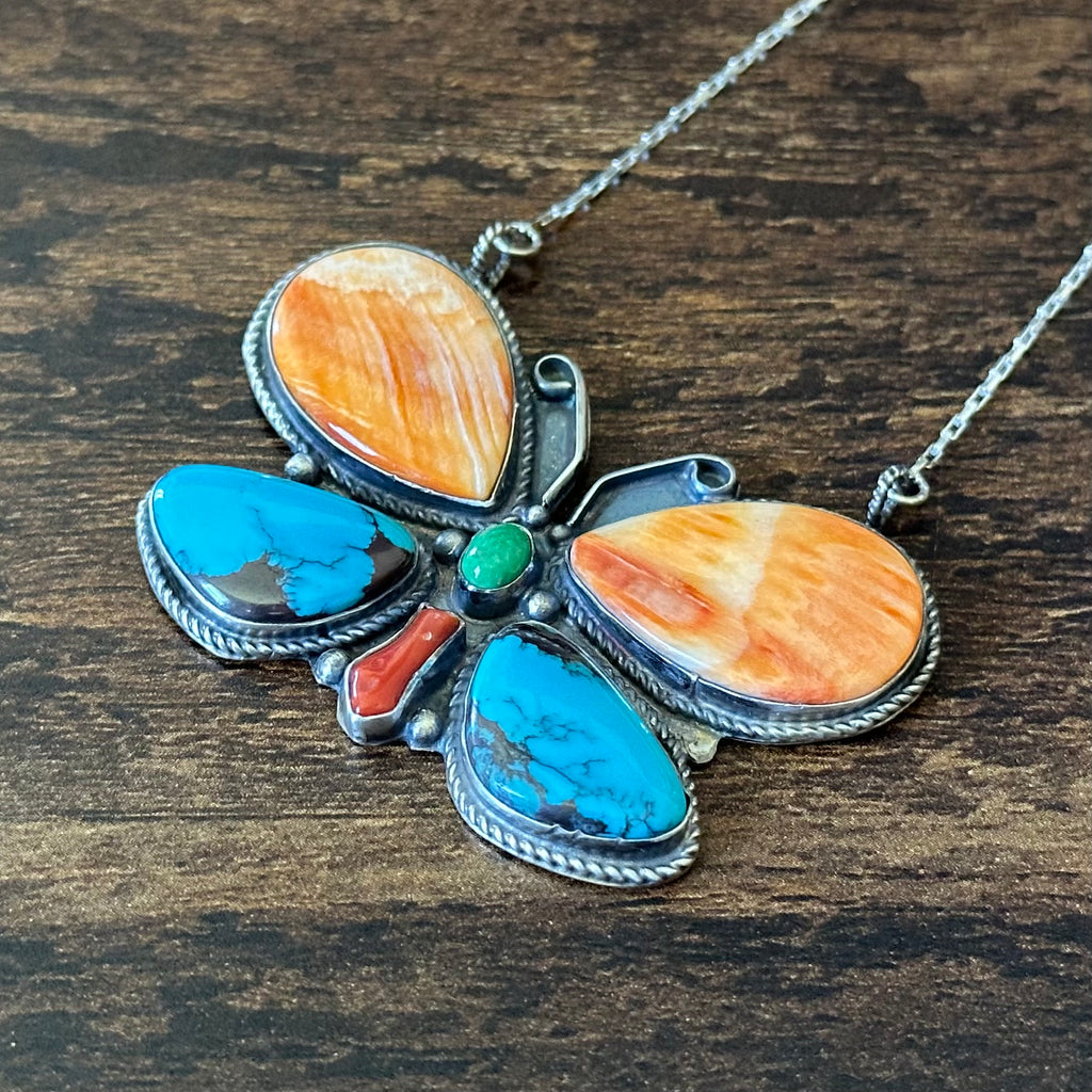 Navajo Phil & Lenora Garcia Turquoise Spiny Oyster Red Coral Sterling Butterfly Pendant Necklace